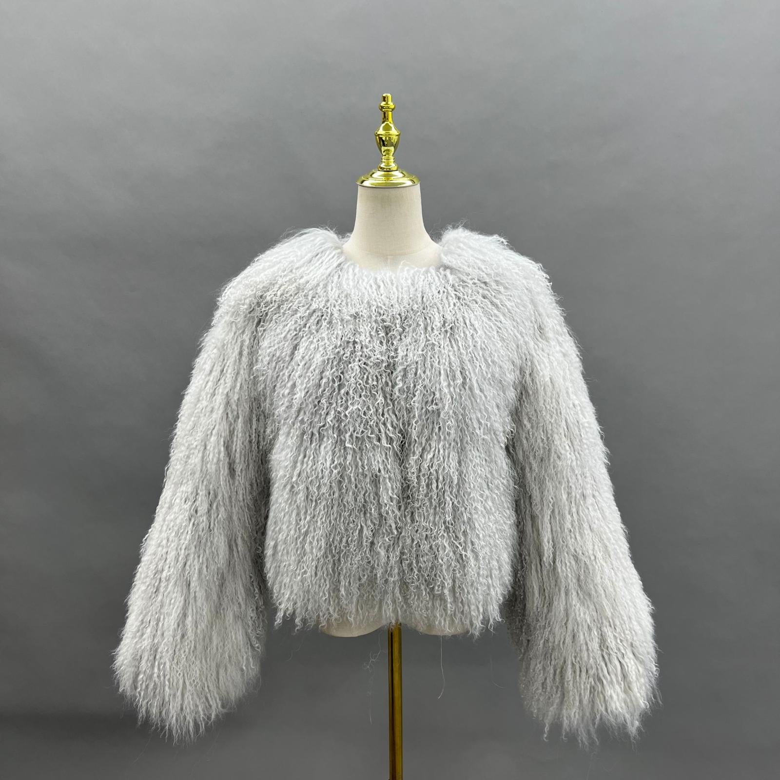 Women's New Mongolian Lamb Fur Round Collar Short Jacket Fur Coat - Janefur
