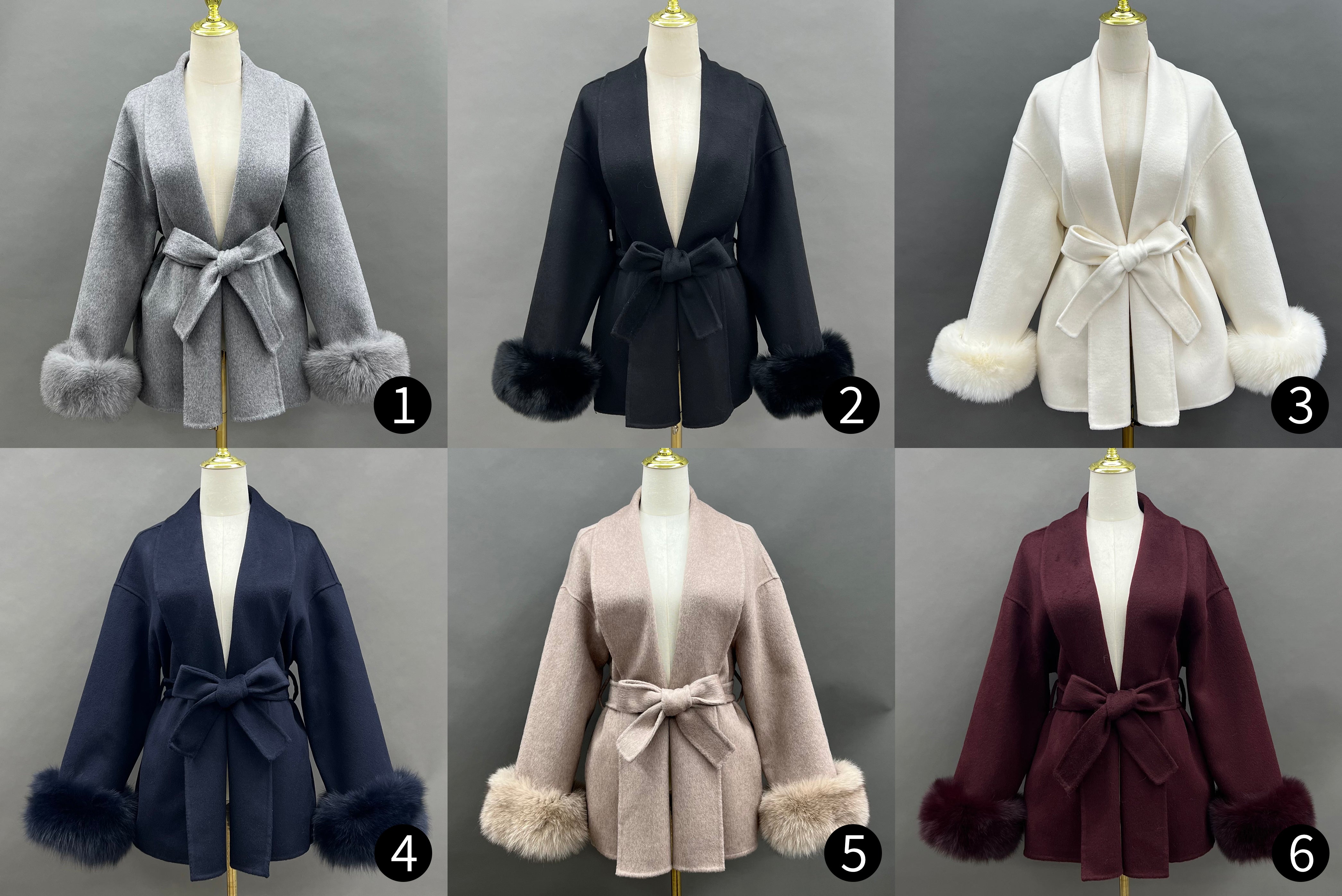 Women’s Burgundy Double-Faced Wool Wrap Coat with Fox Fur Cuffs – Drop Shoulder Belted Short Winter Jacket for Elegant Fashion