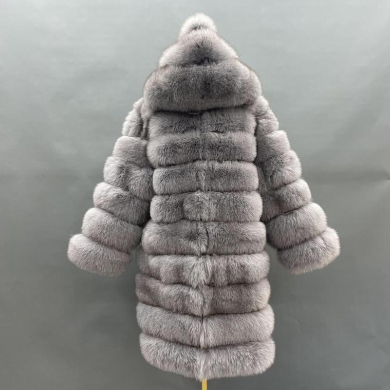 Long Blue Fox Hooded Fox Fur Coat - Janefur