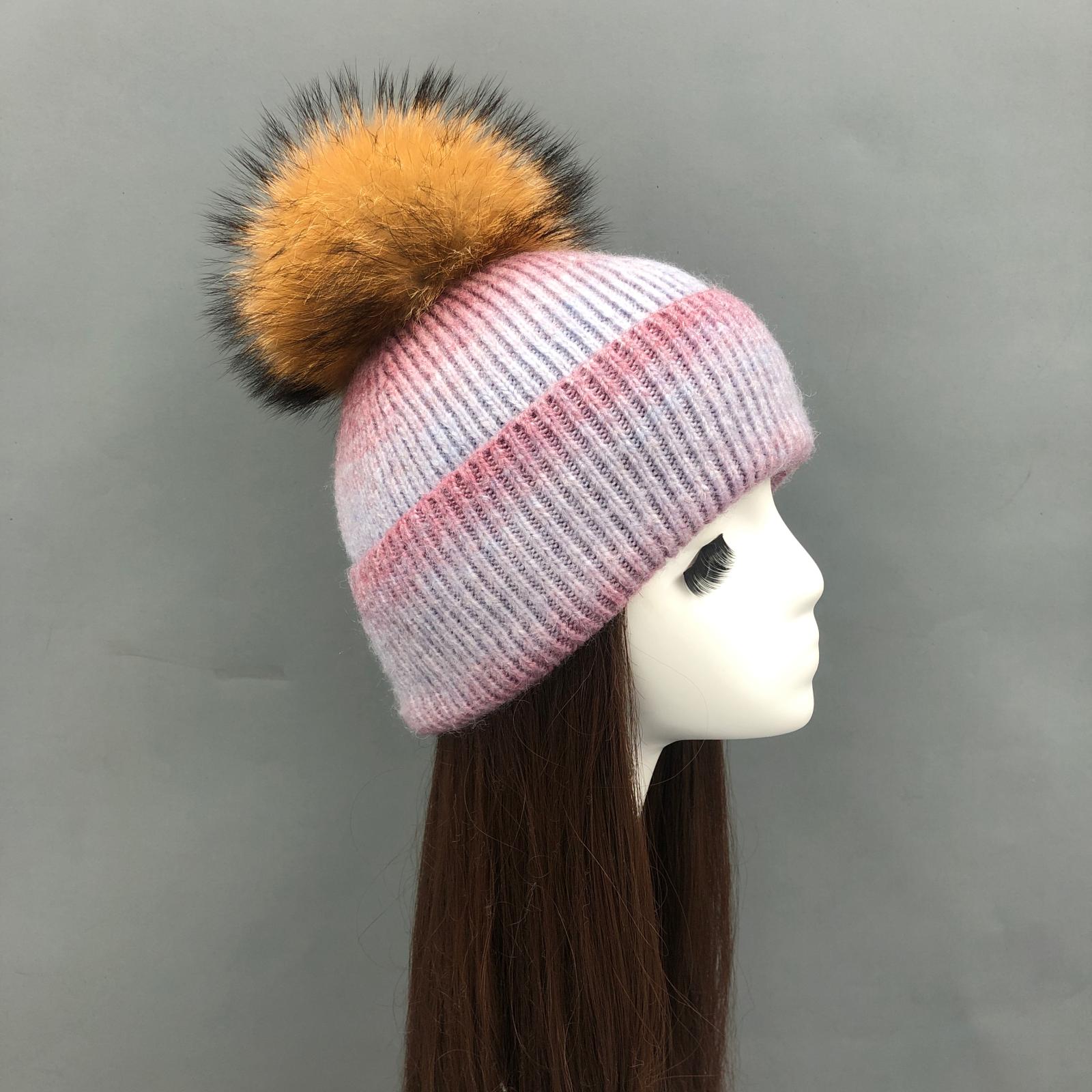 Gradient Wool Hat with Fur Pom Pom Women Hat - Janefur