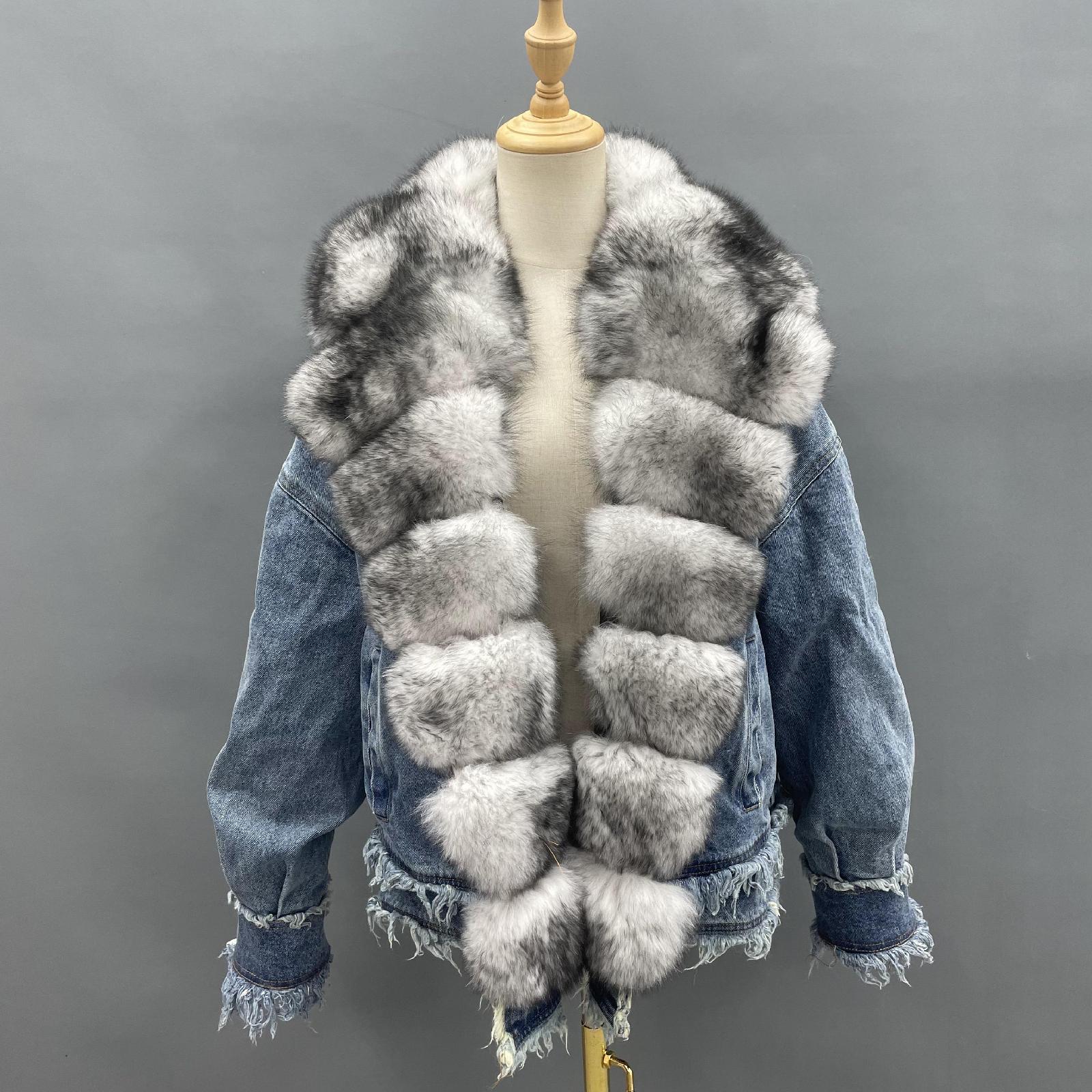 Women's Denim Jacket Leather Large Fox Fur Collar Winter Luxury Coat Fluffy Jacket Denim Blue Down Outerwear - Janefur