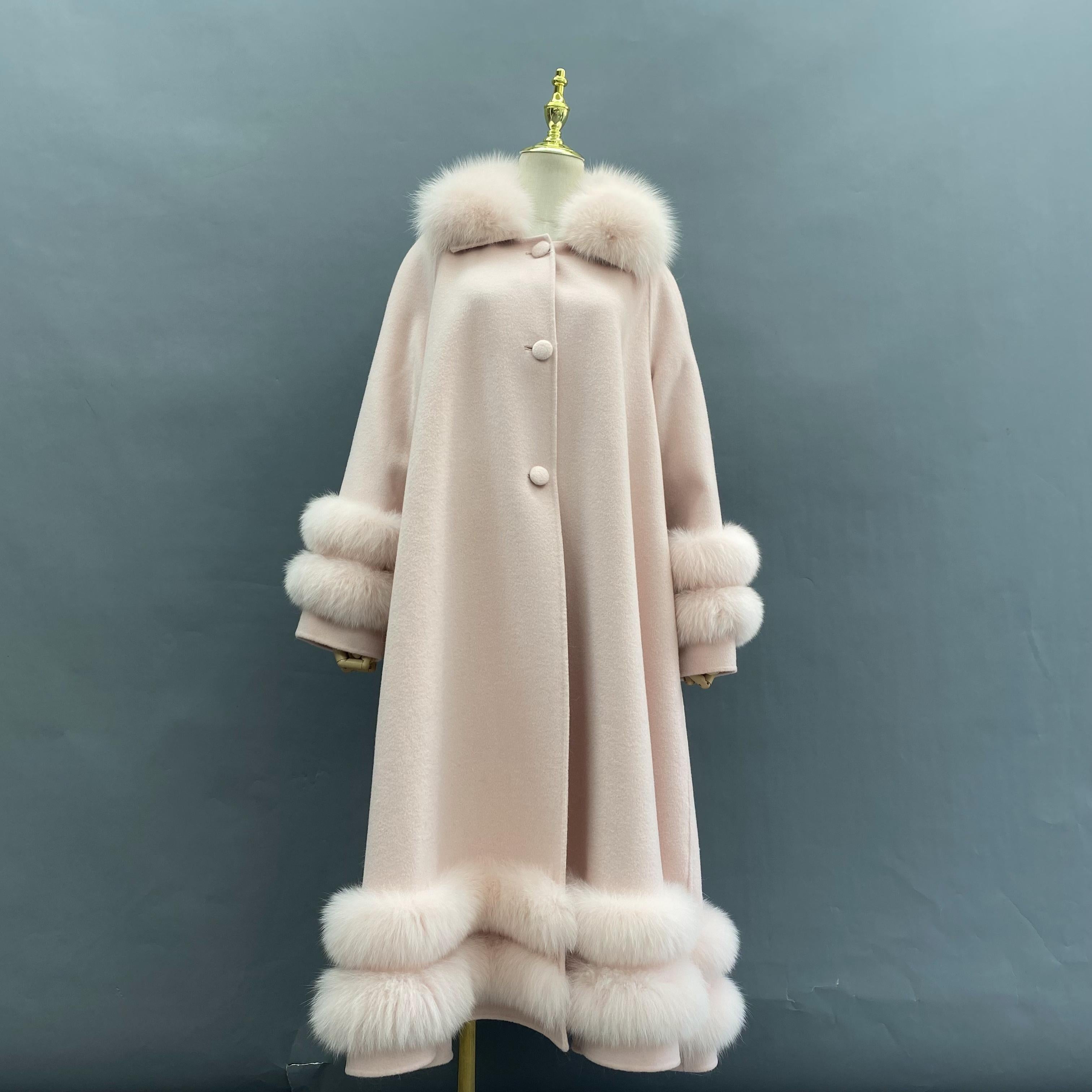 Women's Double Sided Cashmere Coat with Two Sections of Fur Collar at Hem and Cuffs - Janefur