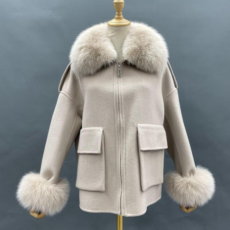 Big Pocket Lapel Fox Fur Cashmere Zipped Jacket - Janefur
