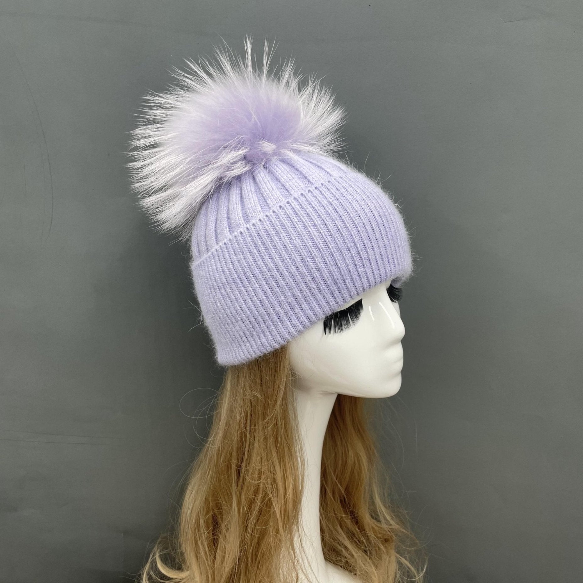 Winter Knitted Angora Beanie Hat With Removable Fur Pom Pom - Janefur
