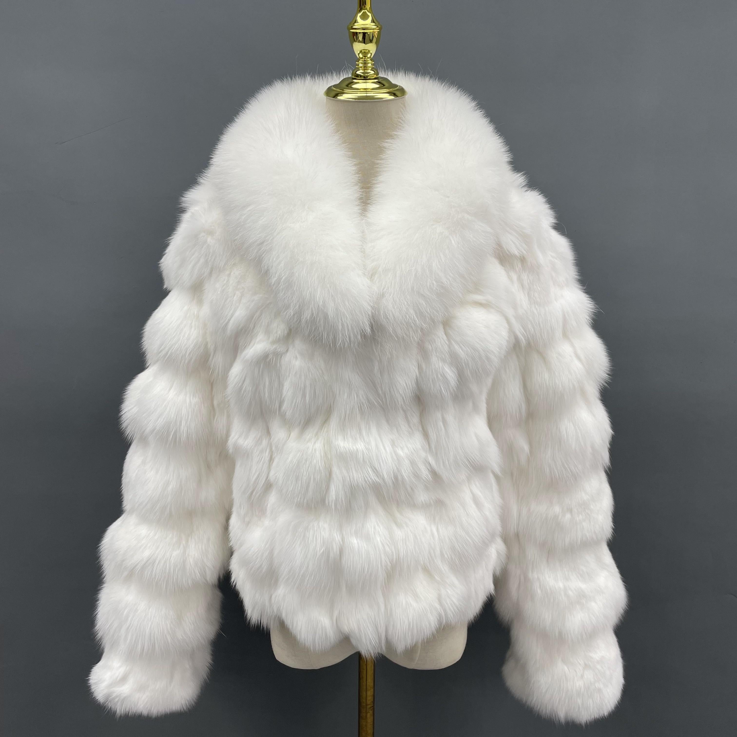 Plus Size Women's Short Stylish Lapel Real Fox Fur Luxury Jacket - Janefur