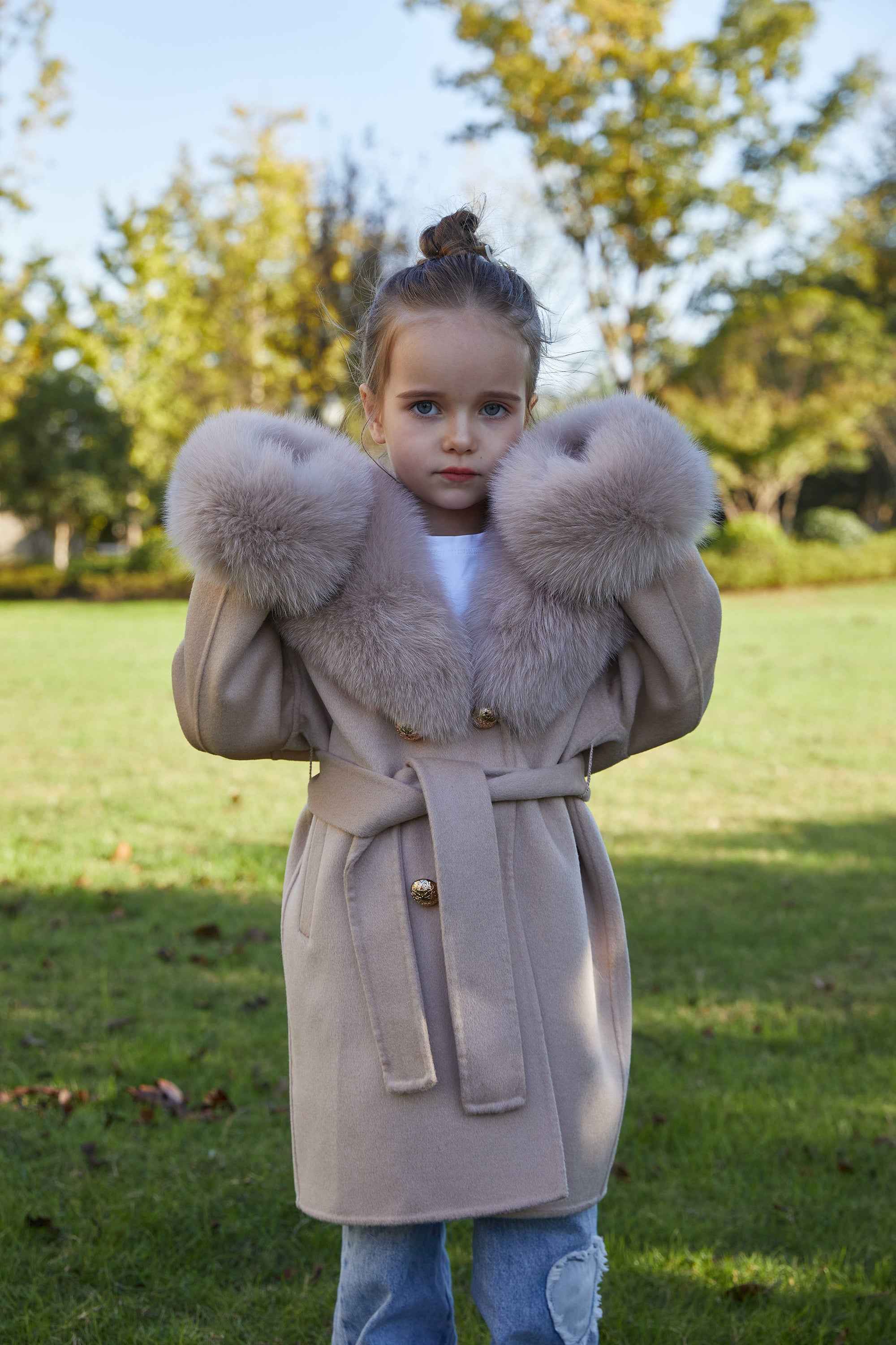 European Style Long Double Side Real Fur Shawl Collar Cashmere Wool Fur Children Coat