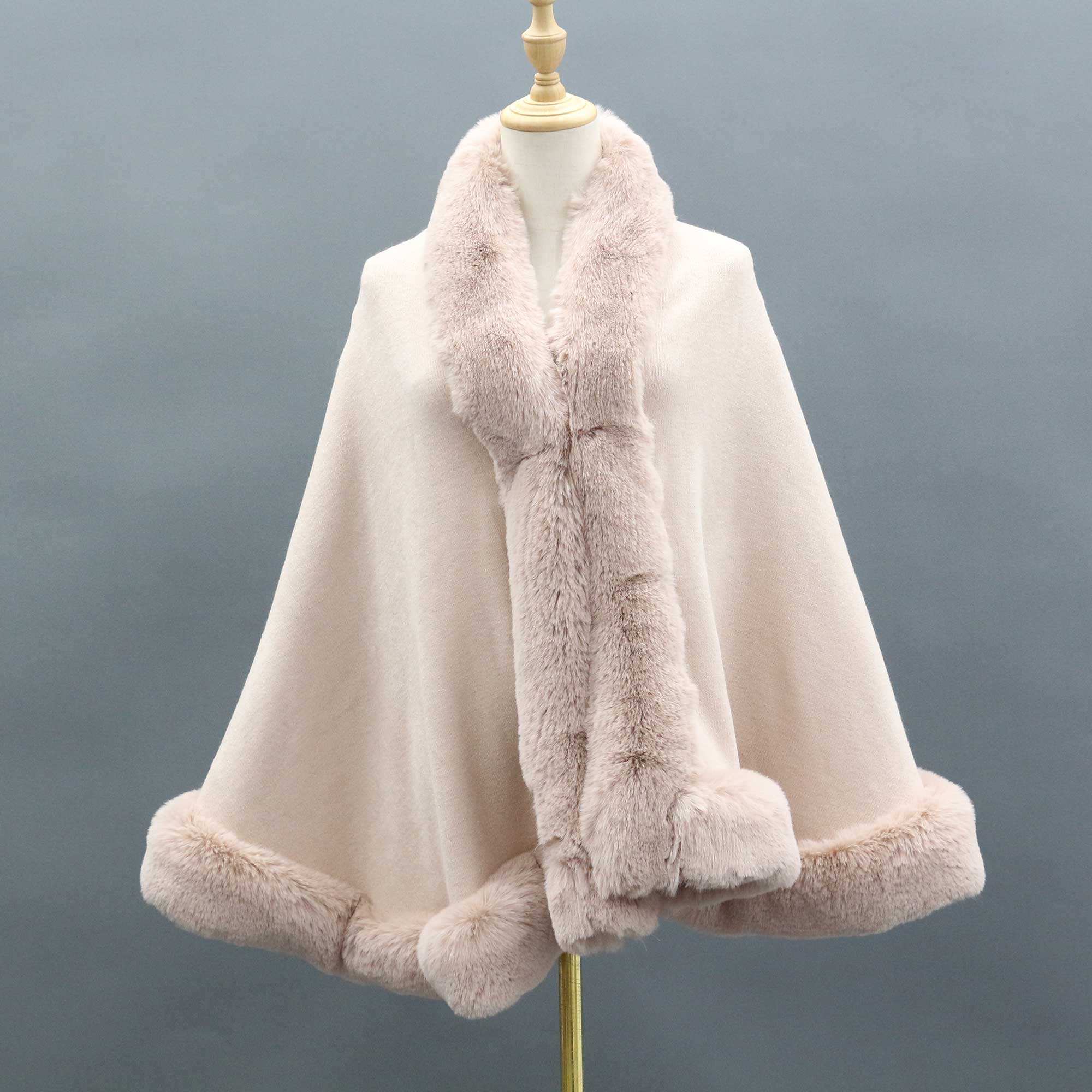 Janefur Wholesale Fashion Women Knitted Cape Shawl with Faux Fur Trim - Janefur