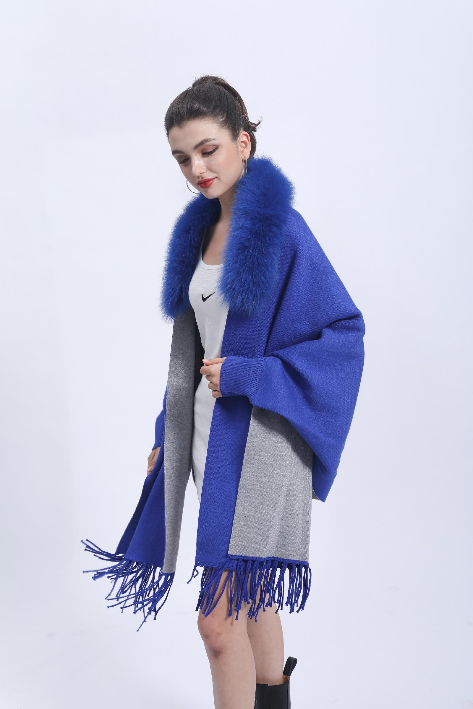 Women's Elegant Shawl with Fur Trim Reversible Two-Tone Cape Ribbed Cuffs Cape - Janefur