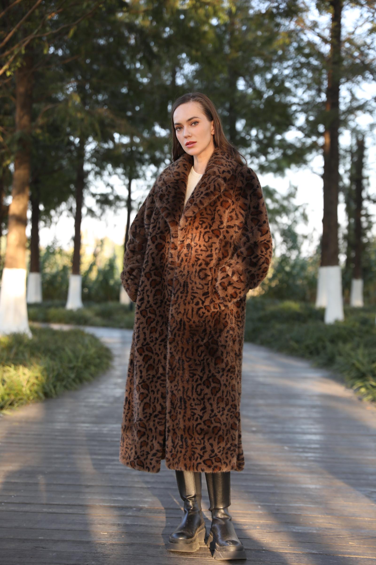 New Trendy Leopard Print Long Faux Mink Jacket Eco Fur - Janefur
