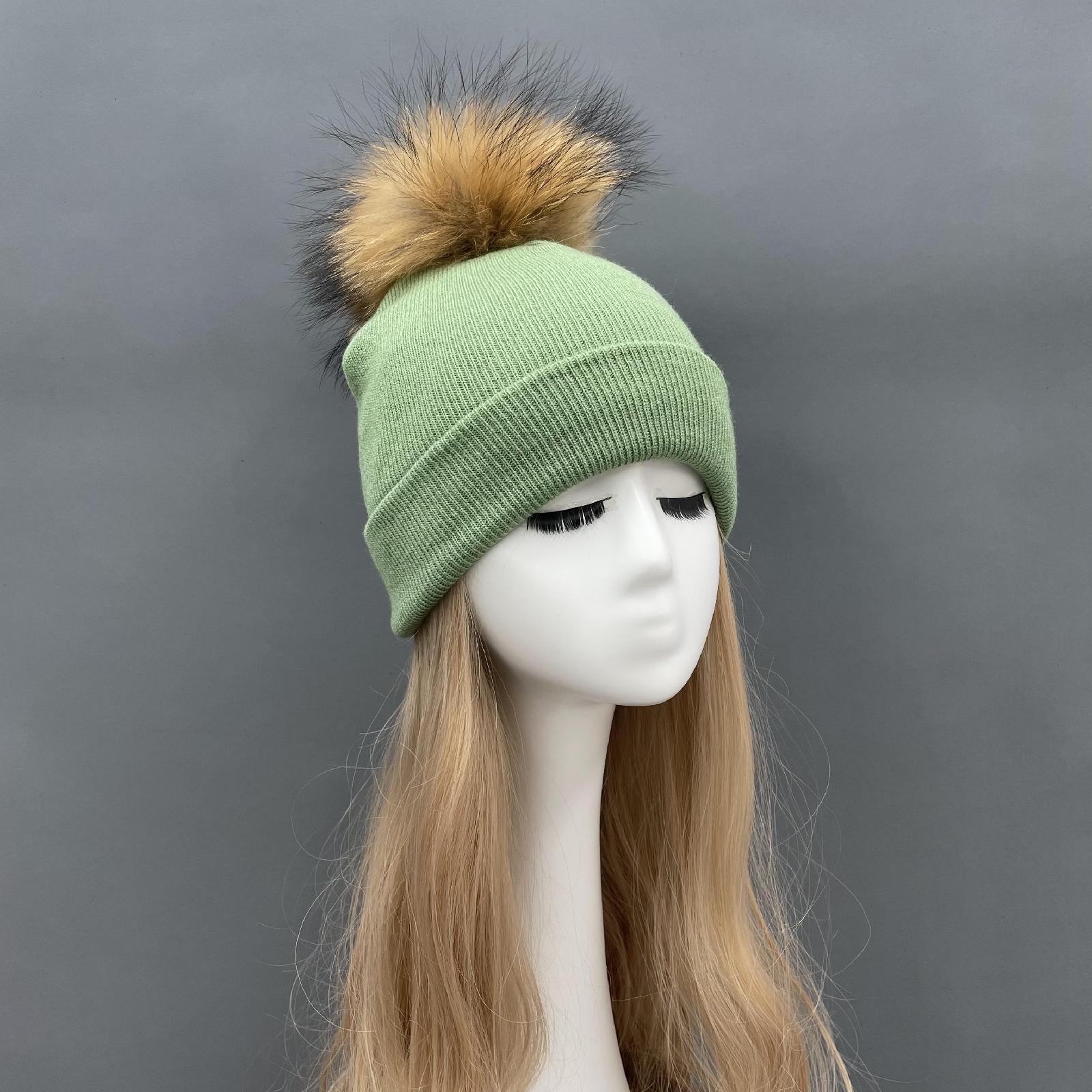 Solid Color Acrylic Knitted Hat with Single Fur Pom Pom Women's Knit Cap - Janefur