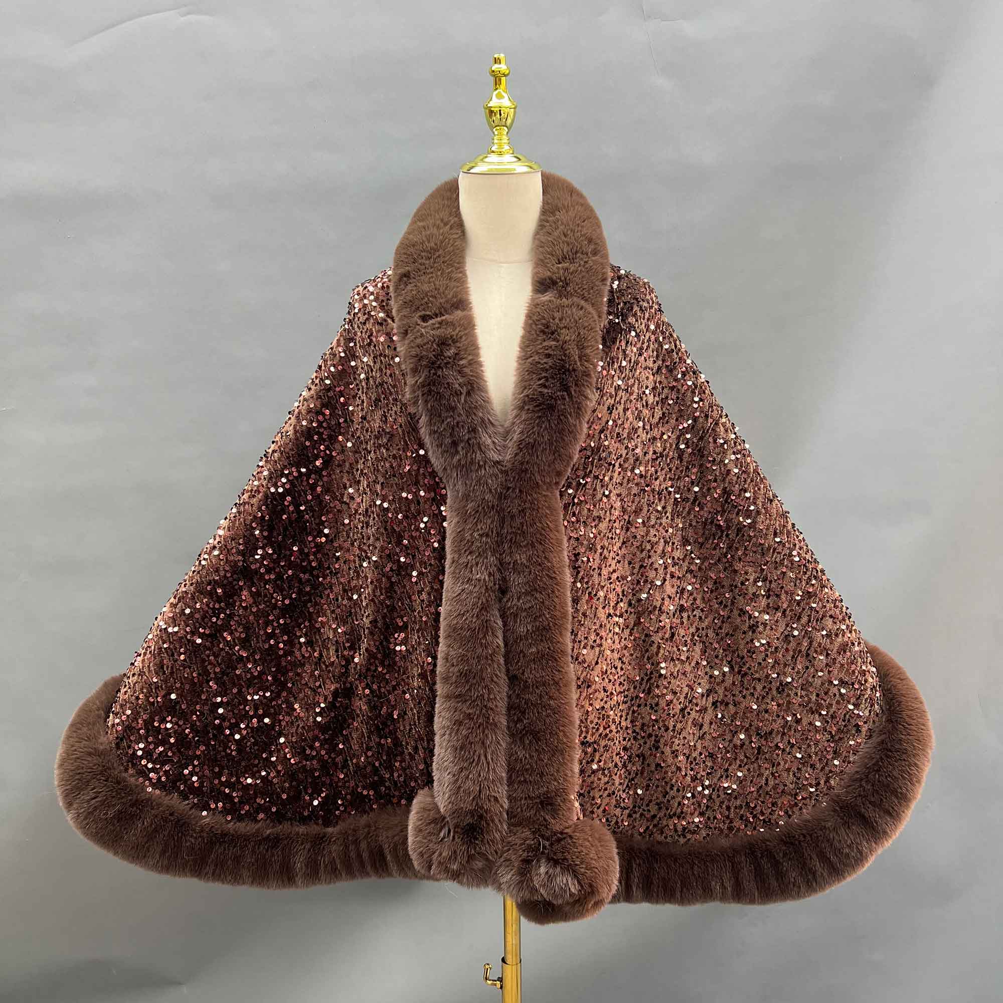 Janefur Fashionable Warm Faux Fur Sequined Cape Shawl - Janefur
