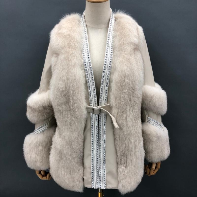 Women's Fox Fur Patchwork Leather Rivet Front Winter Coat - Janefur