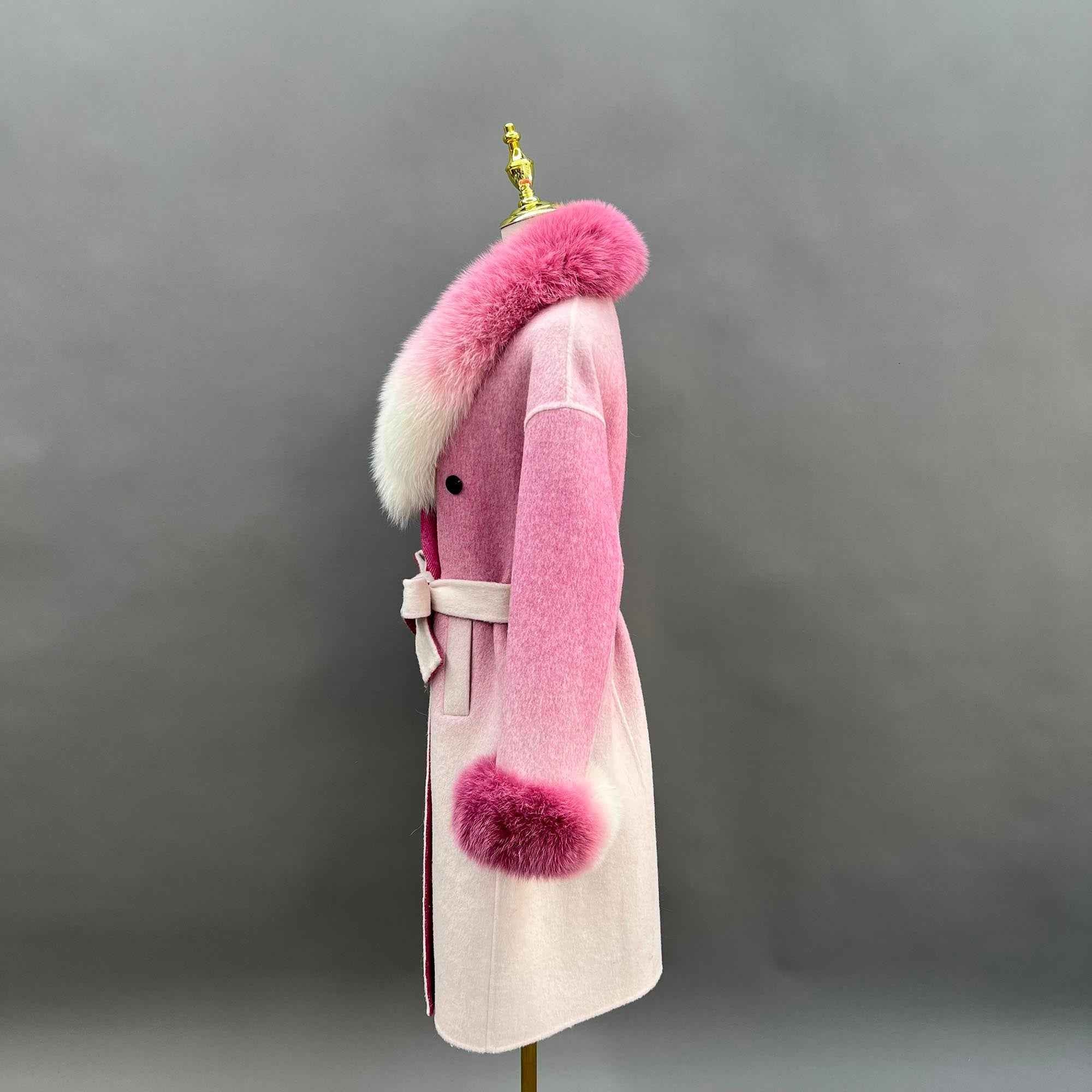Janefur Trendy Gradient Color Real Fox Fur Collar Long Cashmere Coat for Women - Janefur