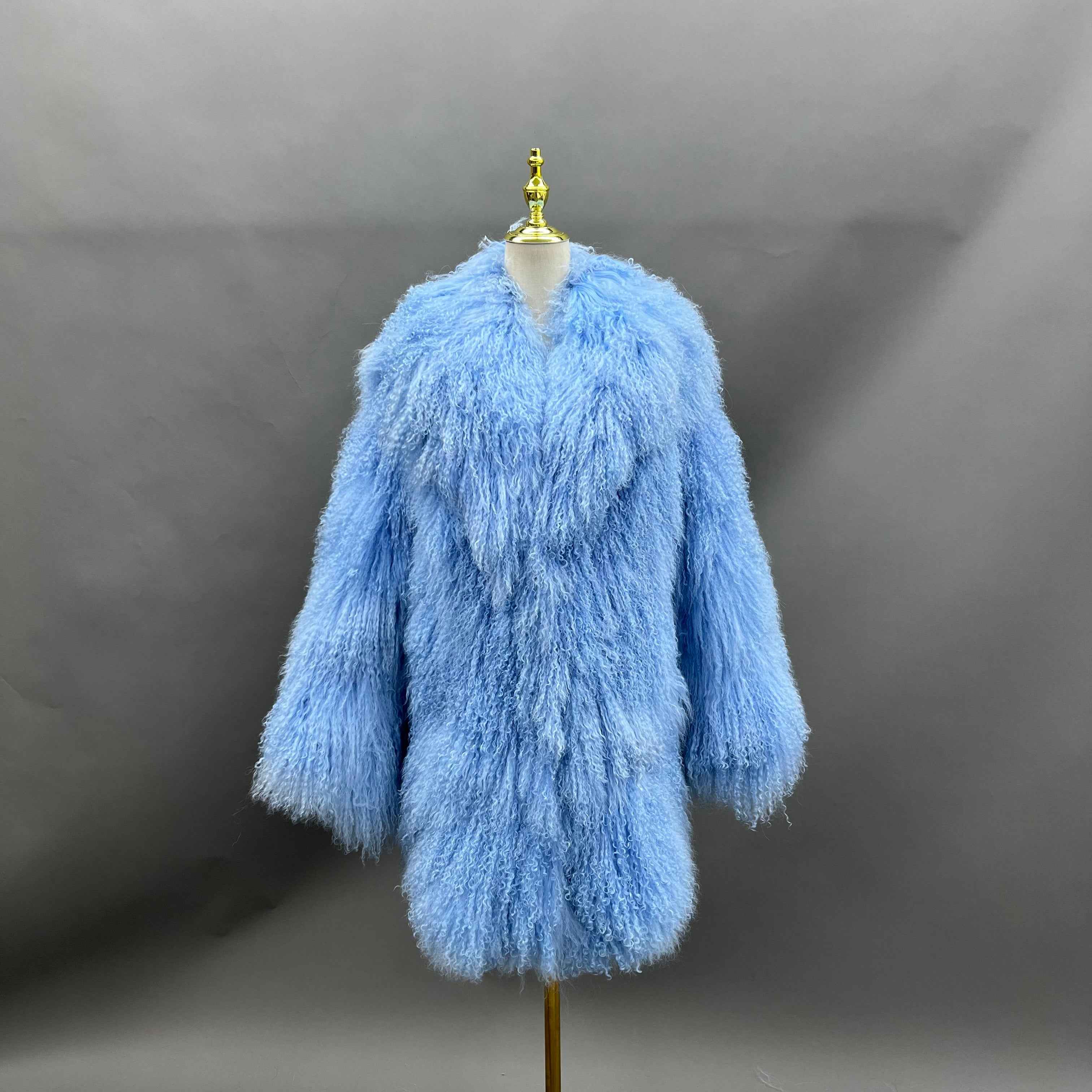 Men's Long Emerald Green Mongolian Lamb Fur Coat – Full-Length Curly Hair, Open Front, Streetwear Style Winter Outerwear for Men 11#BB Blue