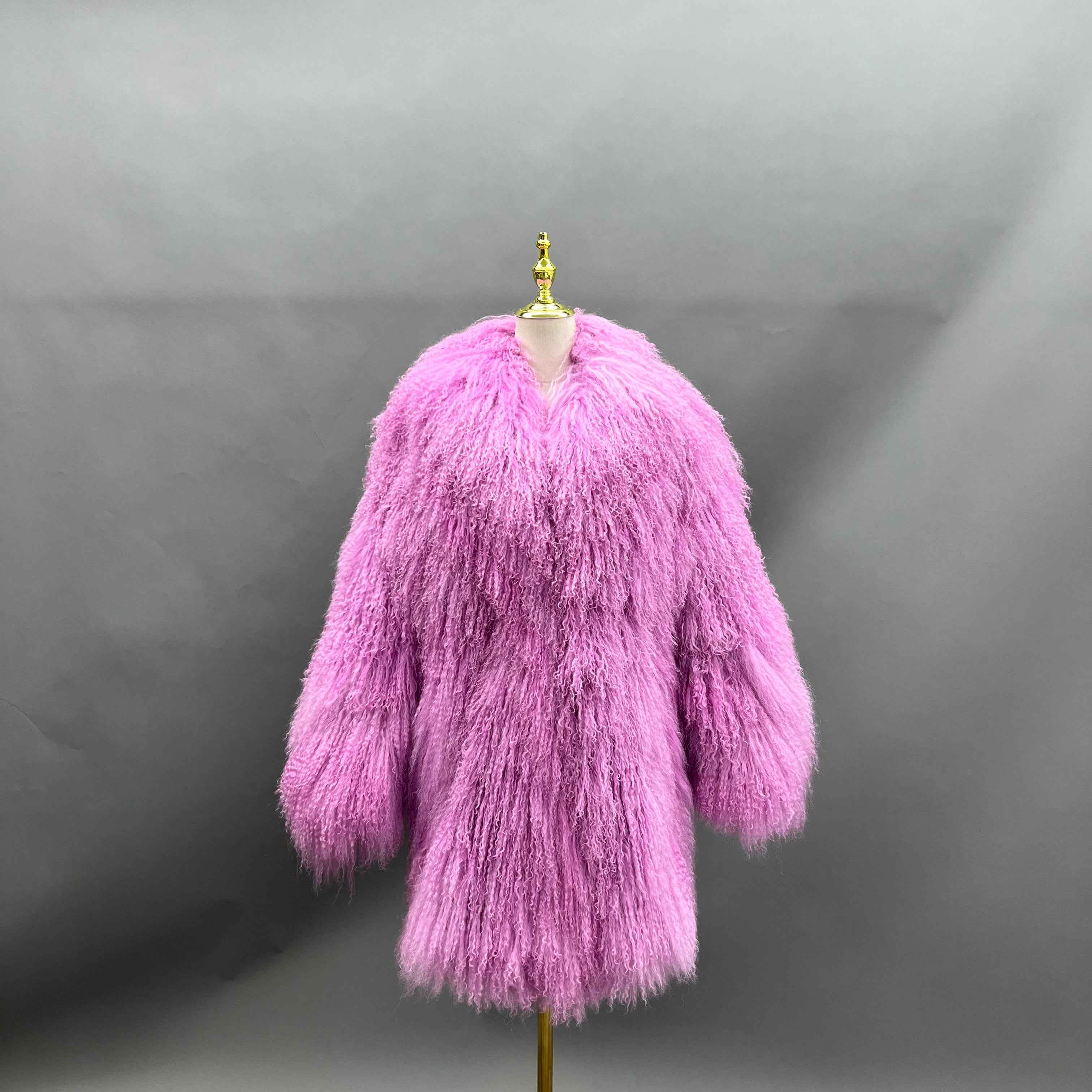 Men's Long Emerald Green Mongolian Lamb Fur Coat – Full-Length Curly Hair, Open Front, Streetwear Style Winter Outerwear for Men 8#Carmine Rose