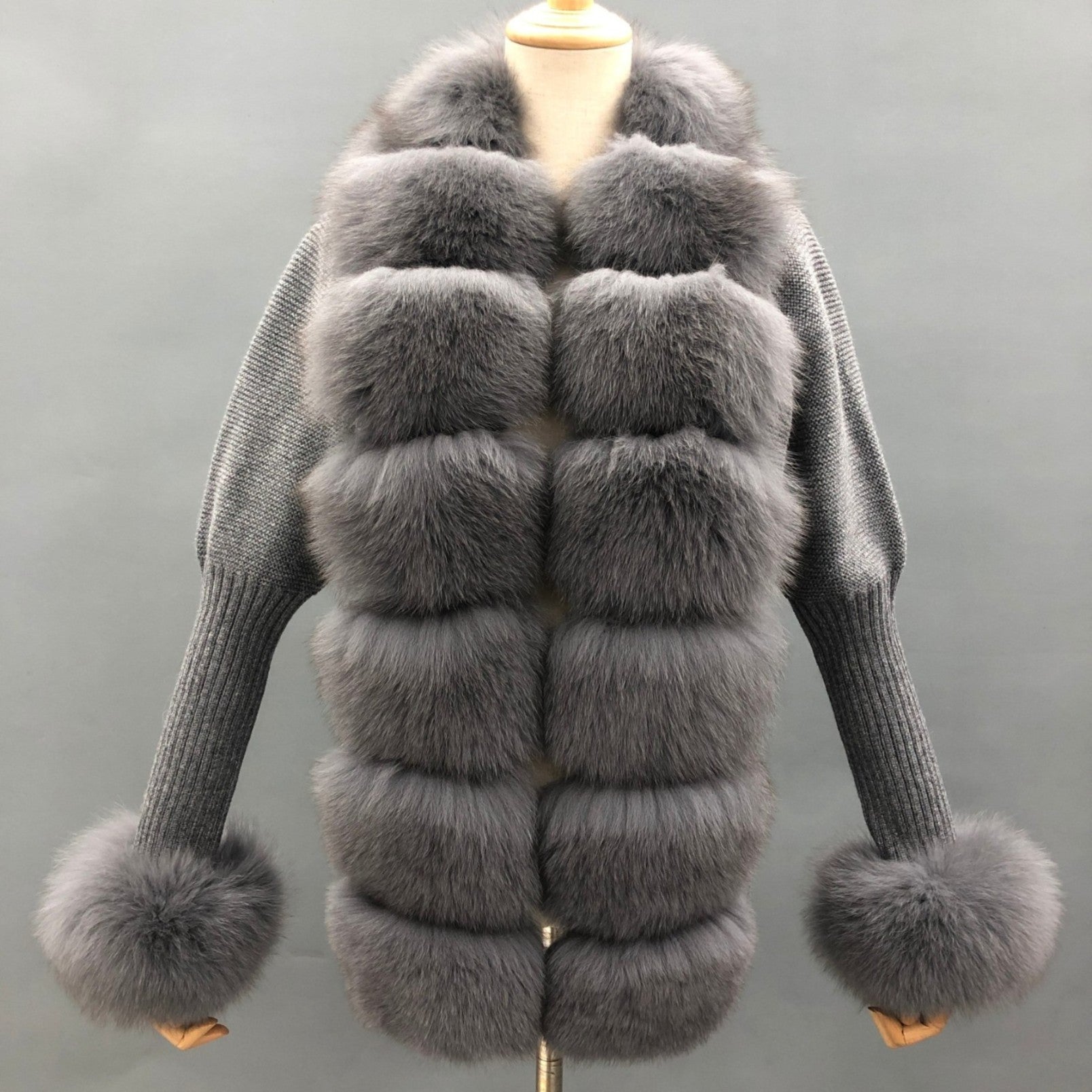 Women's Fashion Cuff Lapel with Fox Fur Knit Cardigan - Janefur