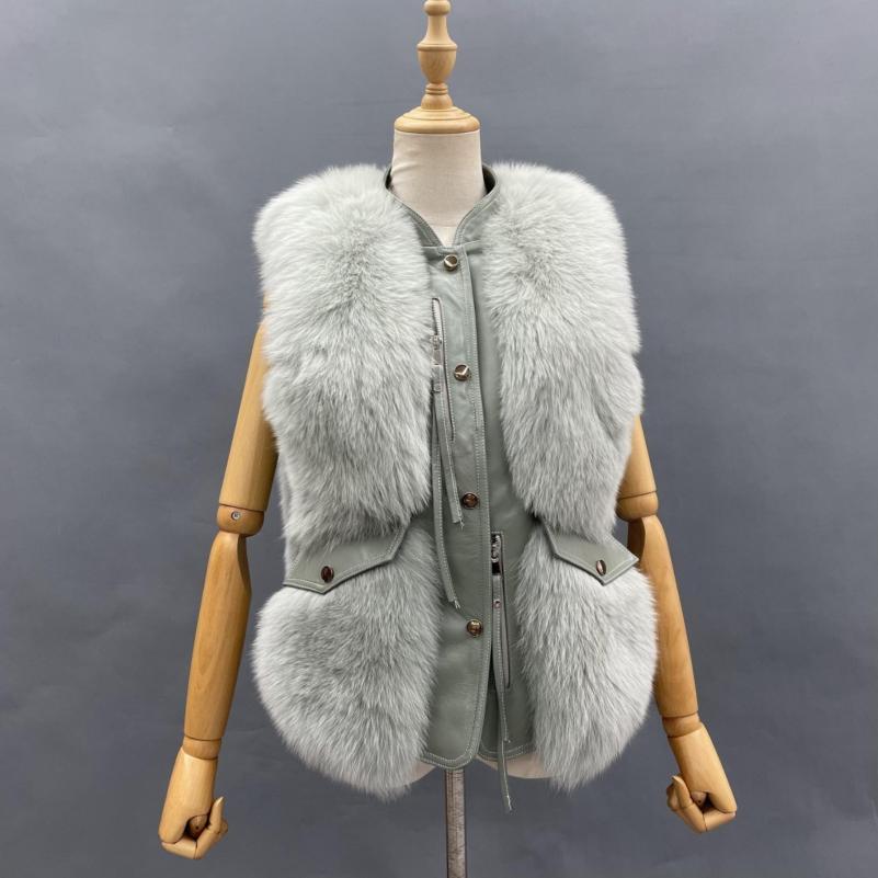 Zipper Decorated Leather Front Fox Fur Vest - Janefur