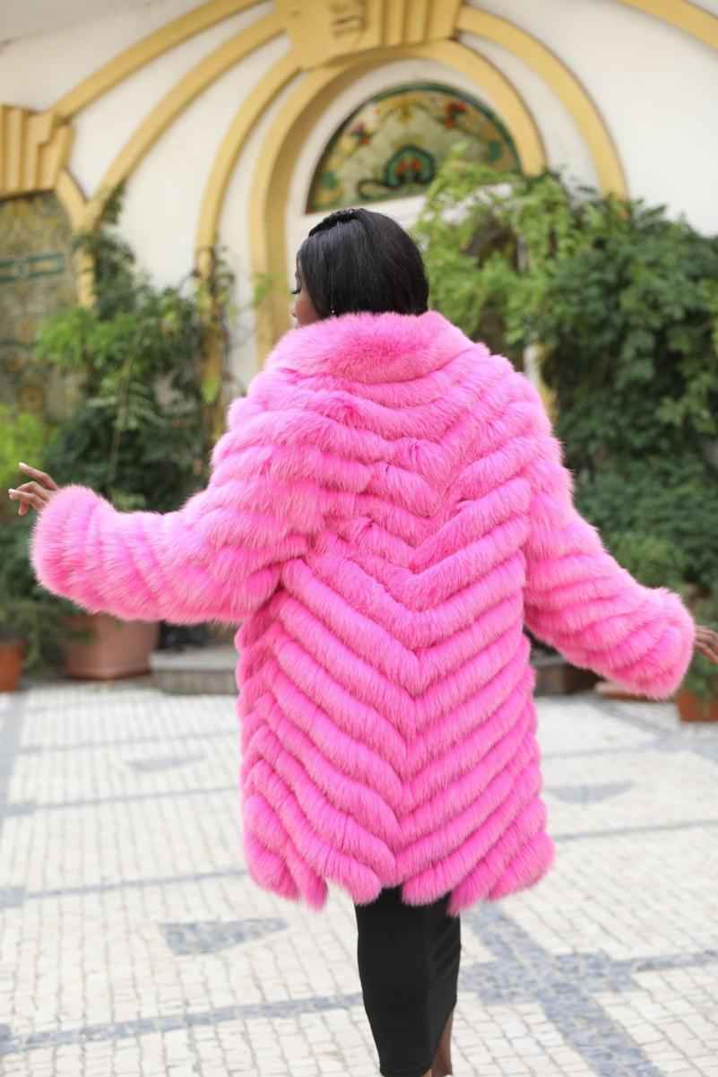 Double-Sided Fox Fur Diagonal Stripe Long Coat - Janefur