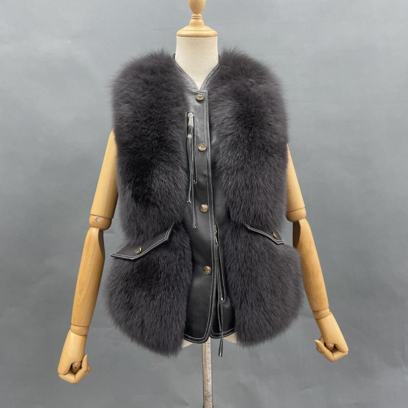 Zipper Decorated Leather Front Fox Fur Vest - Janefur