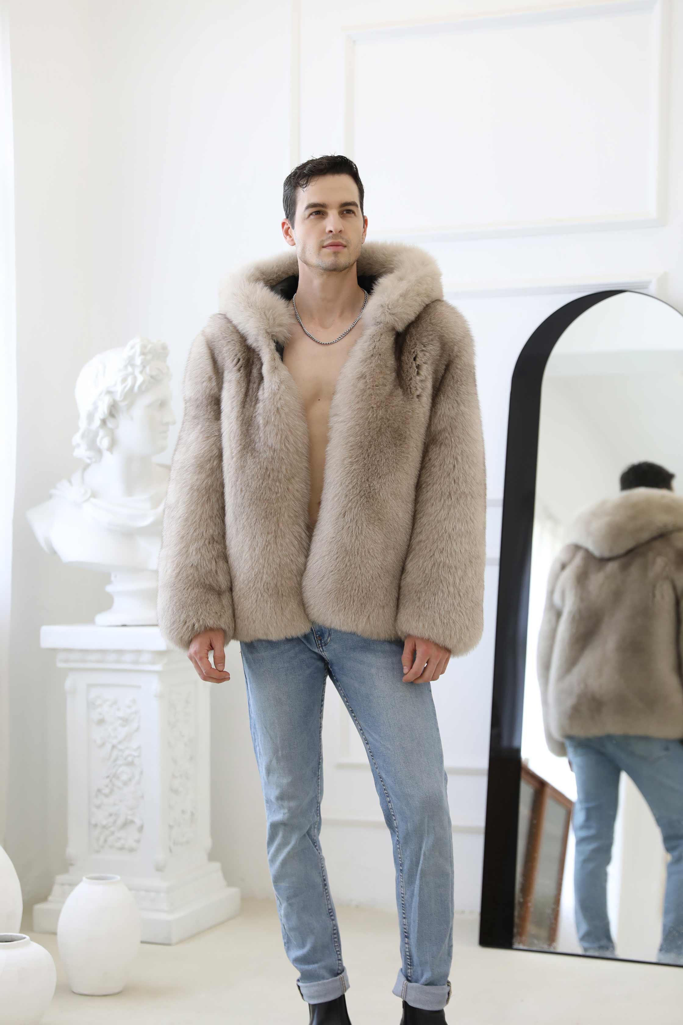 Fashionable Warm Winter Real Fox Fur Thick Jacket Solid Colour Hoodie - Janefur