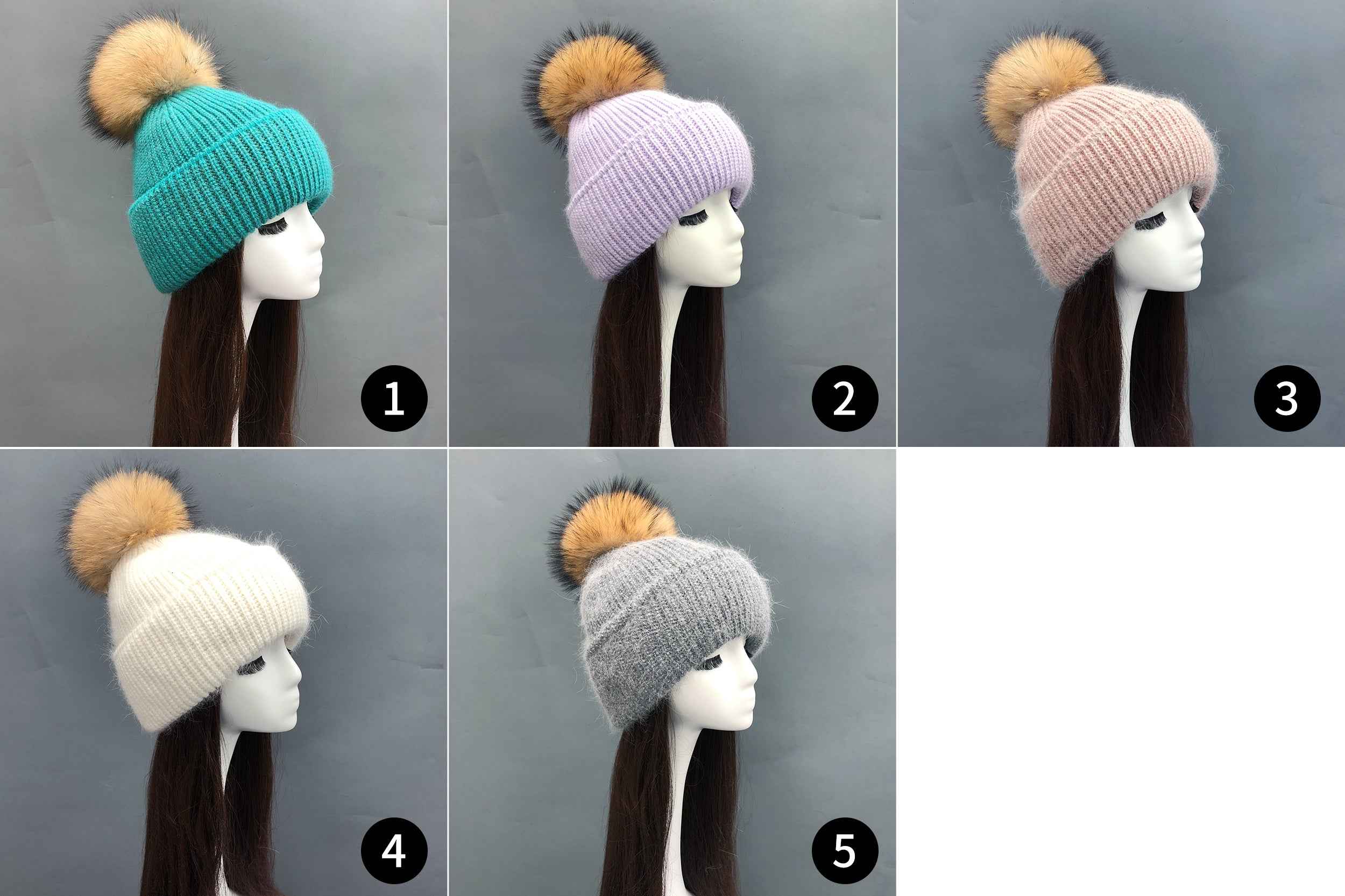 Wholesale Fleece-Lined Rabbit Fur Knit Beanie – Two-Fold Cuff with Raccoon Fur Pompom, Warm Winter Hat for Women, Premium Quality in Bulk