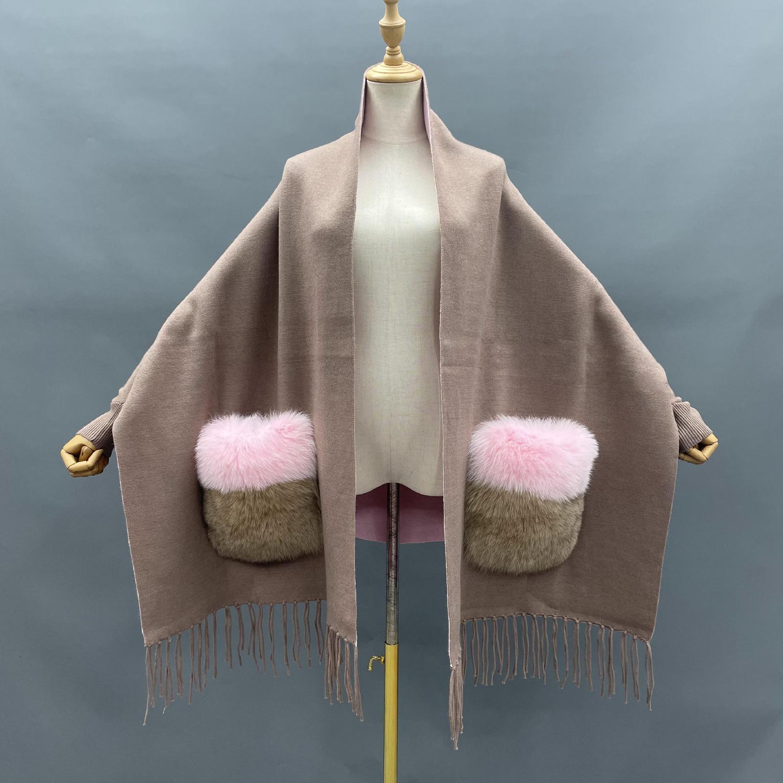 Women's Shawl Cape with Pockets Fur Contrast Ribbed Cuffs Fashionable Soft Sleeved New Cape - Janefur