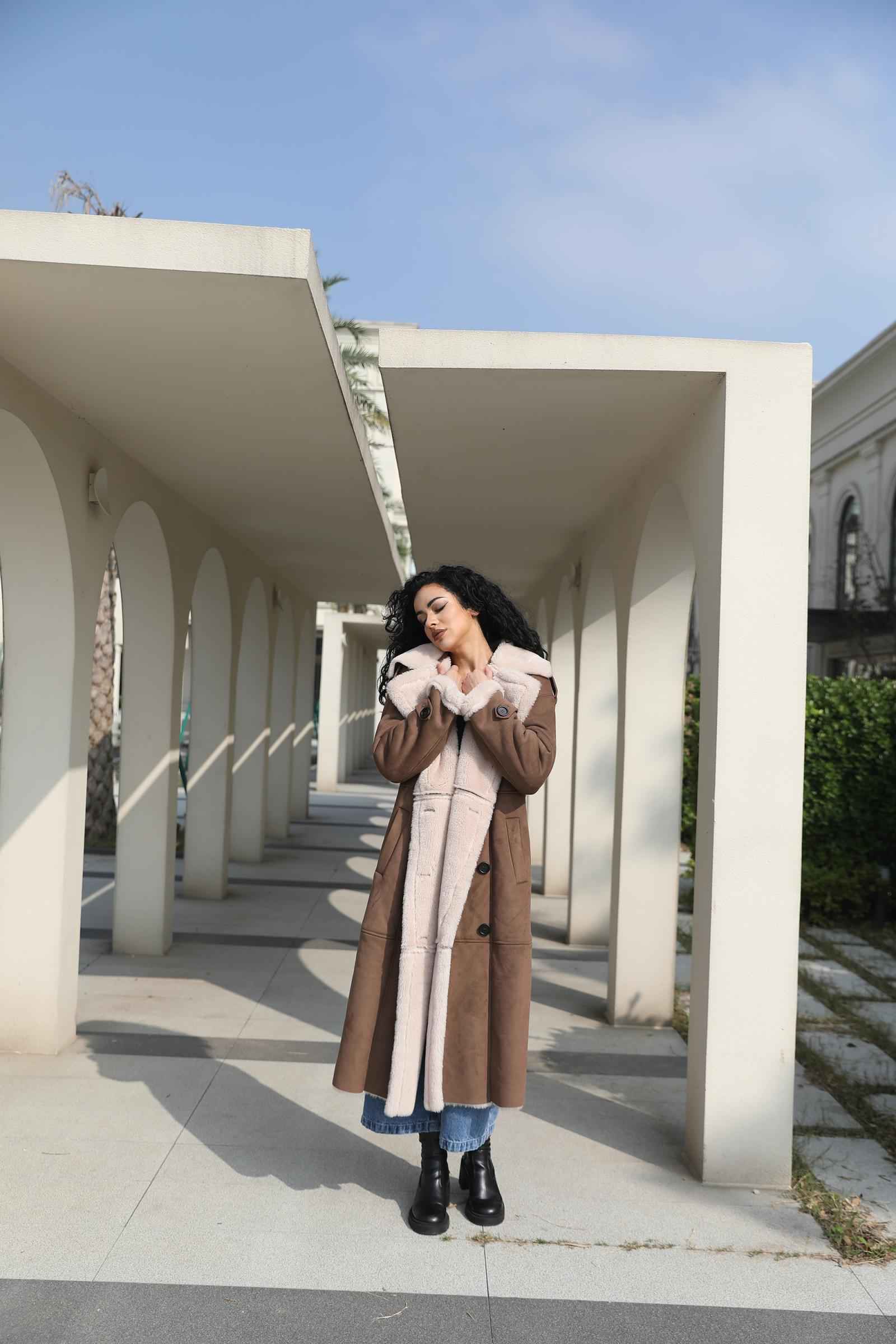 Leather and Fur Combo Merlot Double-Breasted Women's Vintage Long Coat - Janefur