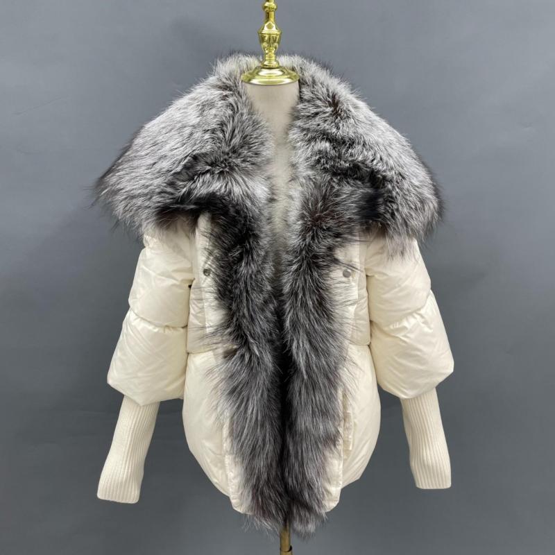 Knit Cuffs with Large Turn-down Collar Down Jacket - Janefur