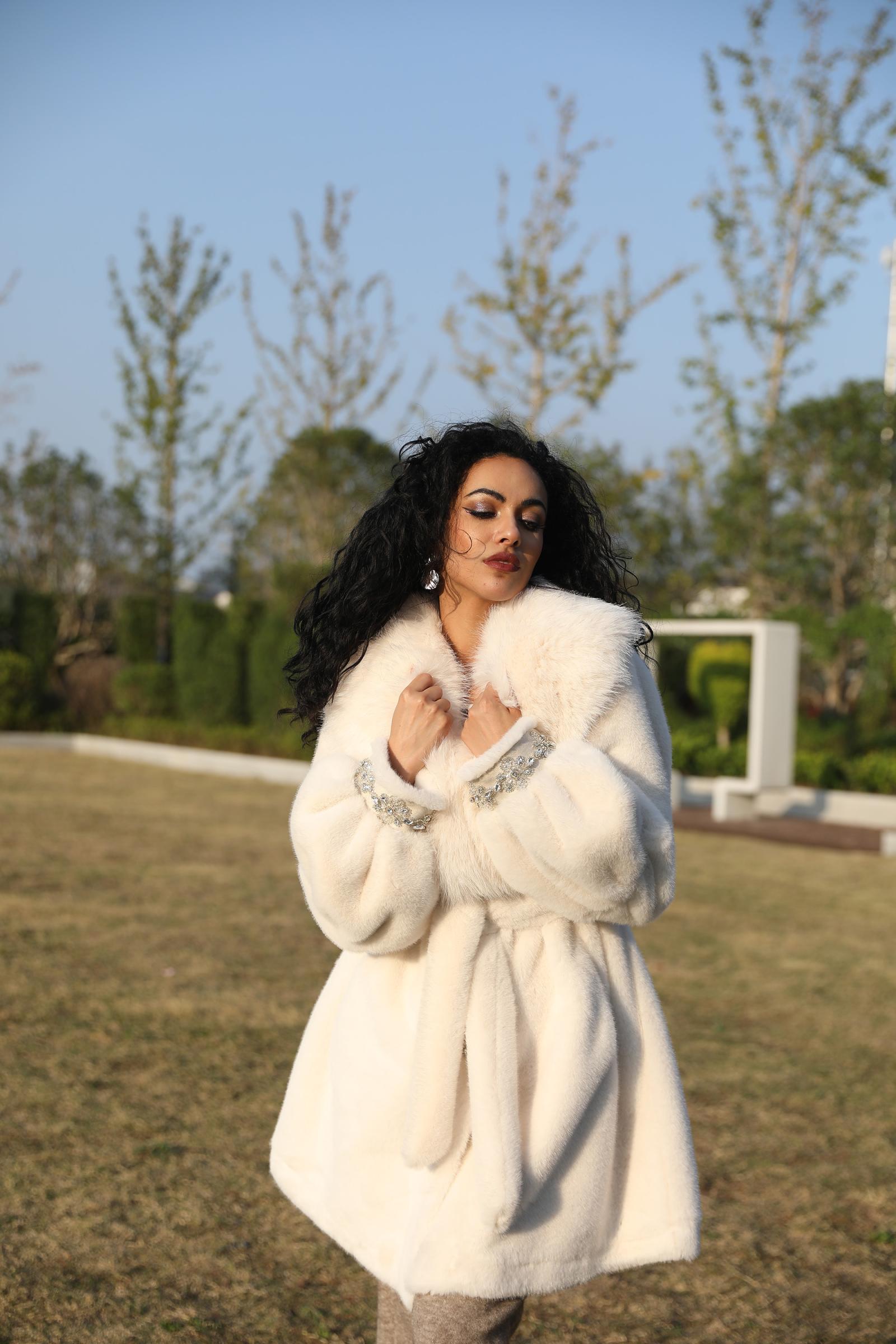 Eco-Friendly Faux Mink Fur Women's Jacket with Shawl Collar and Rhinestone Trim - Janefur