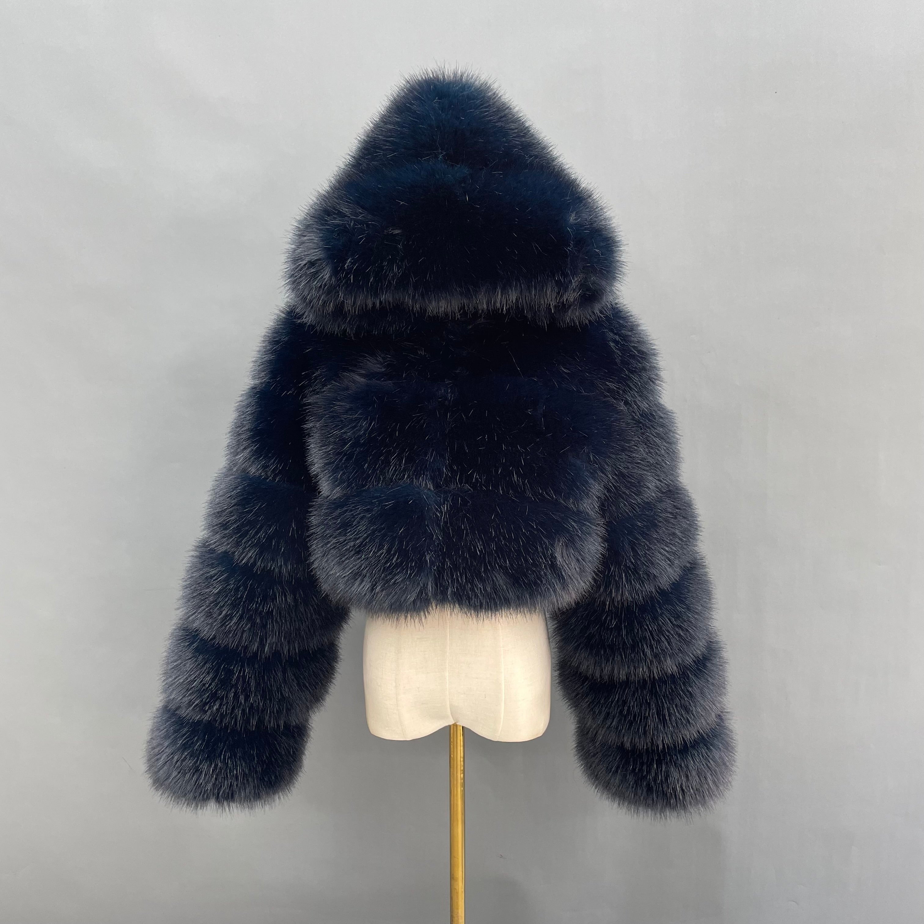 Three - Panel Faux Fur Cropped Hooded Coat