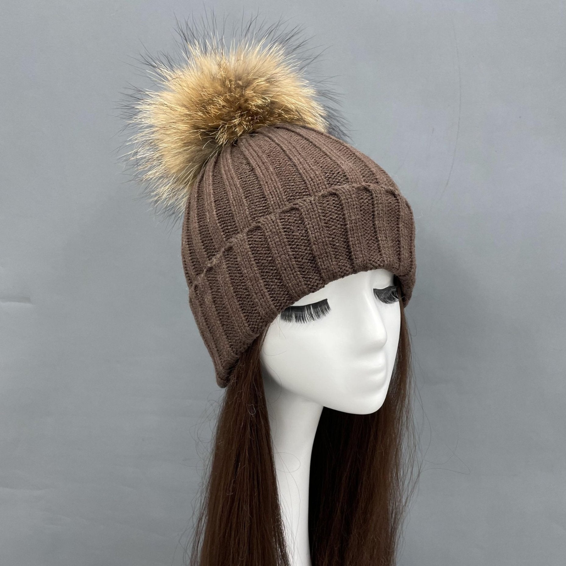 New Fall And Winter Striped With Fur Pom Pom Acrylic Hat - Janefur