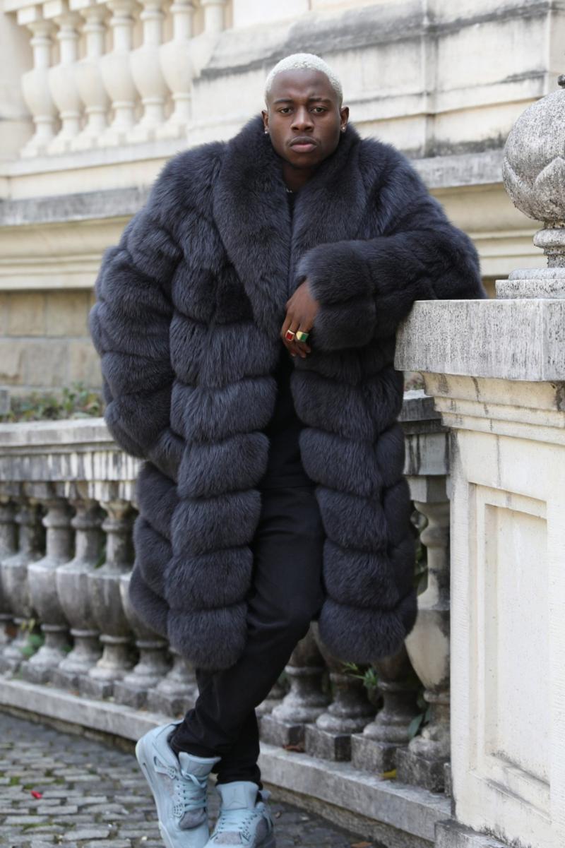 Men's long coat with a nine-section bread pattern and blue fox fur - Janefur
