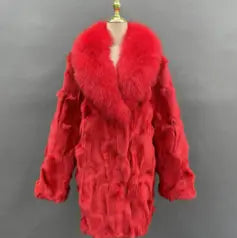 Winter Fashion Men's Long Fox Fur Collar Red Coat - Janefur