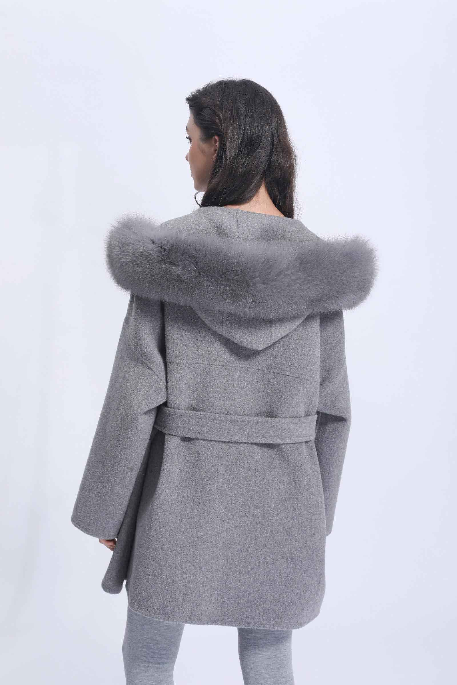 Cashmere Short Coat Women's Fashion Casual Hooded Jacket with Fur Pockets and Fur Collar Double-faced Wool Coat - Janefur