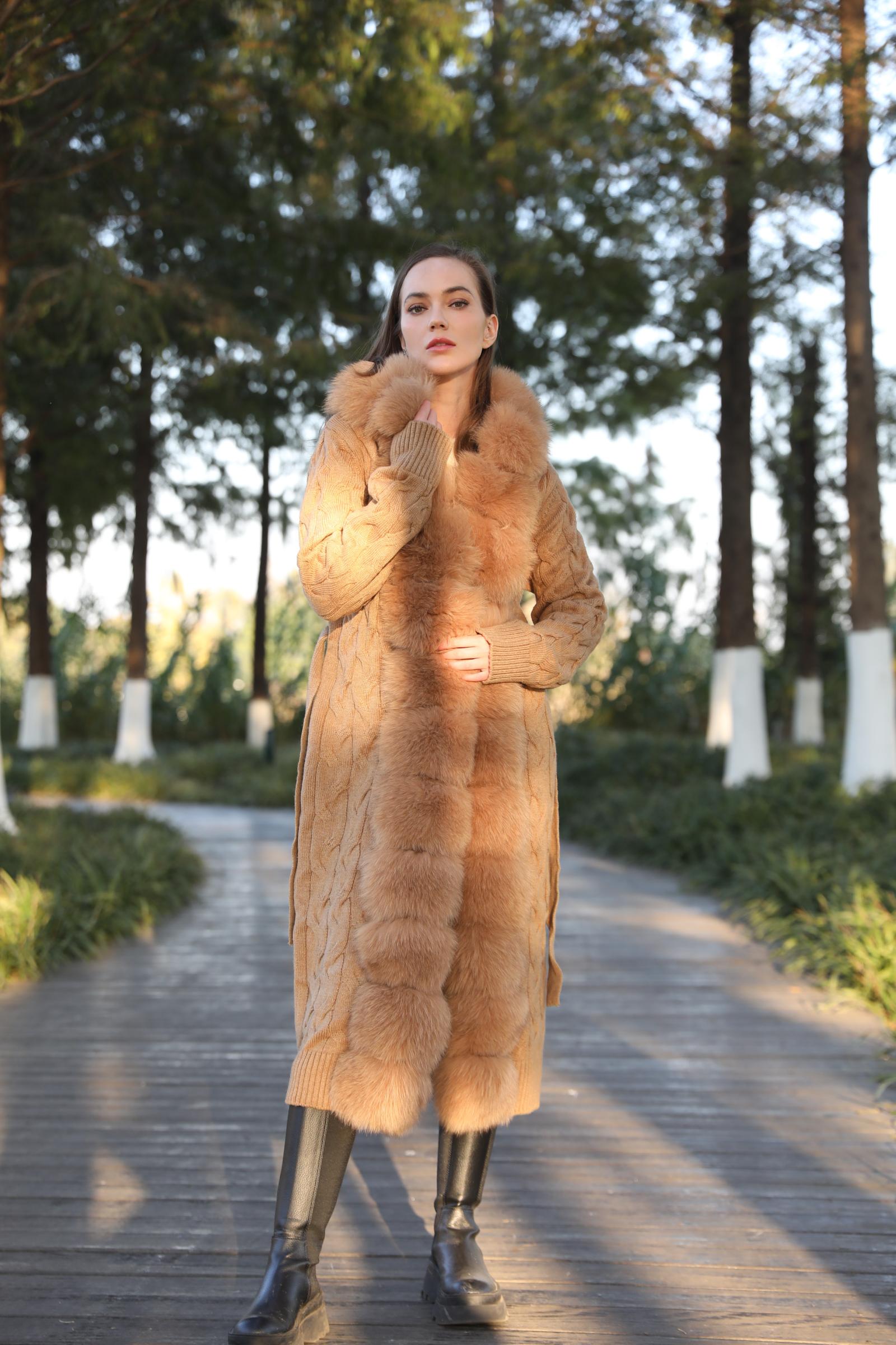 Women's Winter Fox Fur Lapel Hooded Knit Wool Fashion Long Coat - Janefur