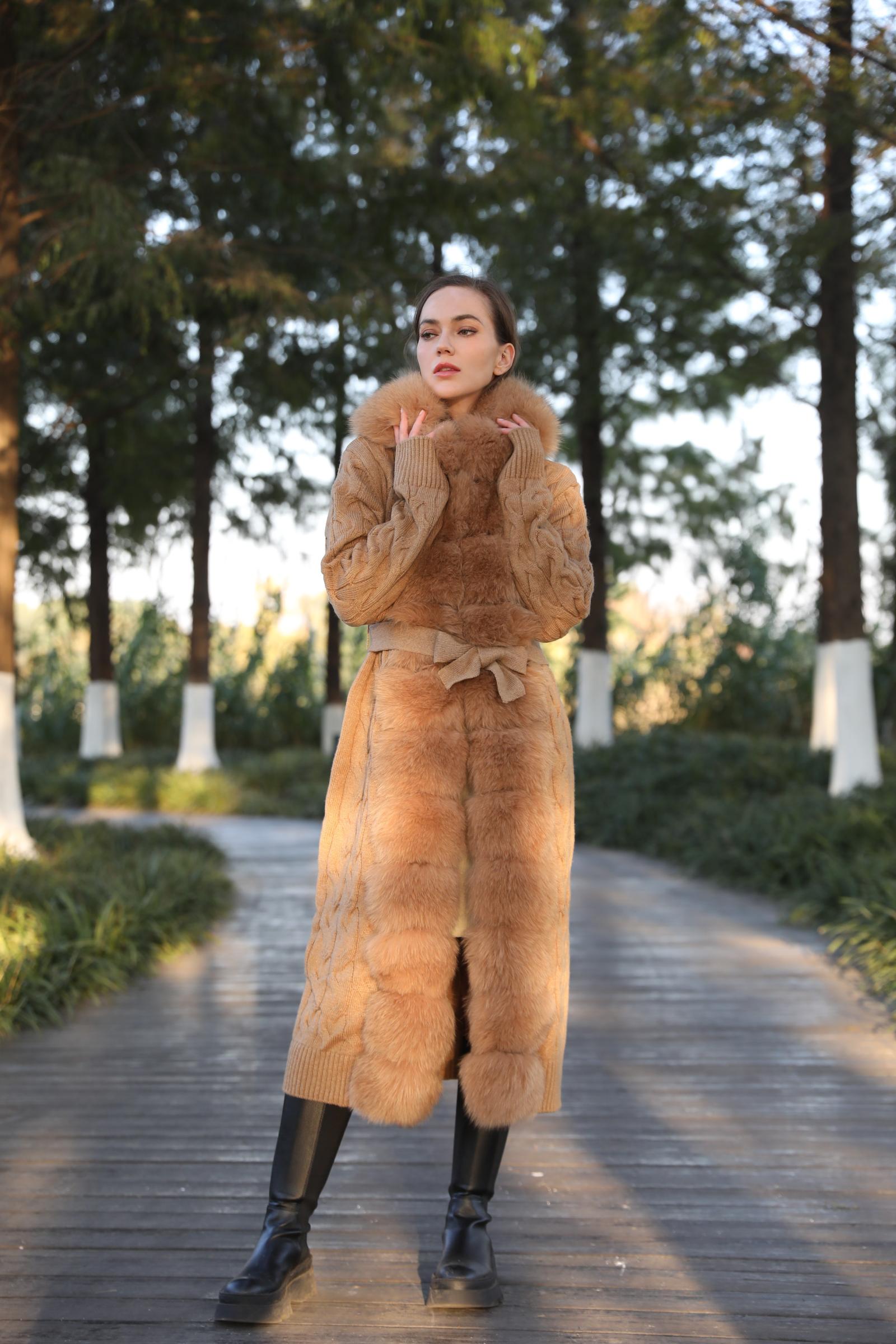 Women's Winter Fox Fur Lapel Hooded Knit Wool Fashion Long Coat - Janefur