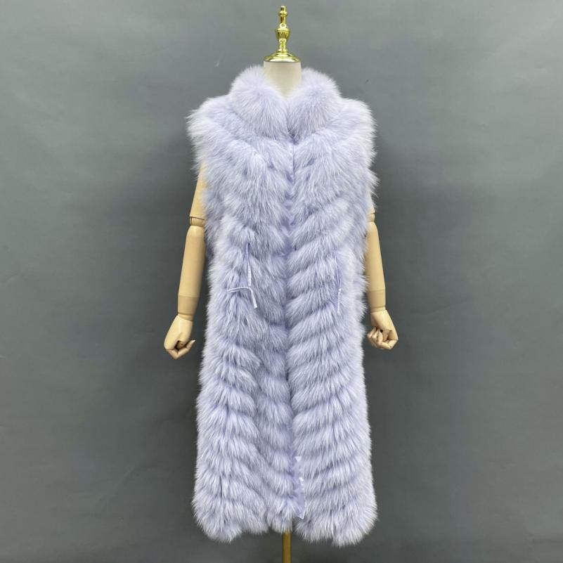 Double-Sided Fox Fur Diagonal Stripe Long Vest - Janefur
