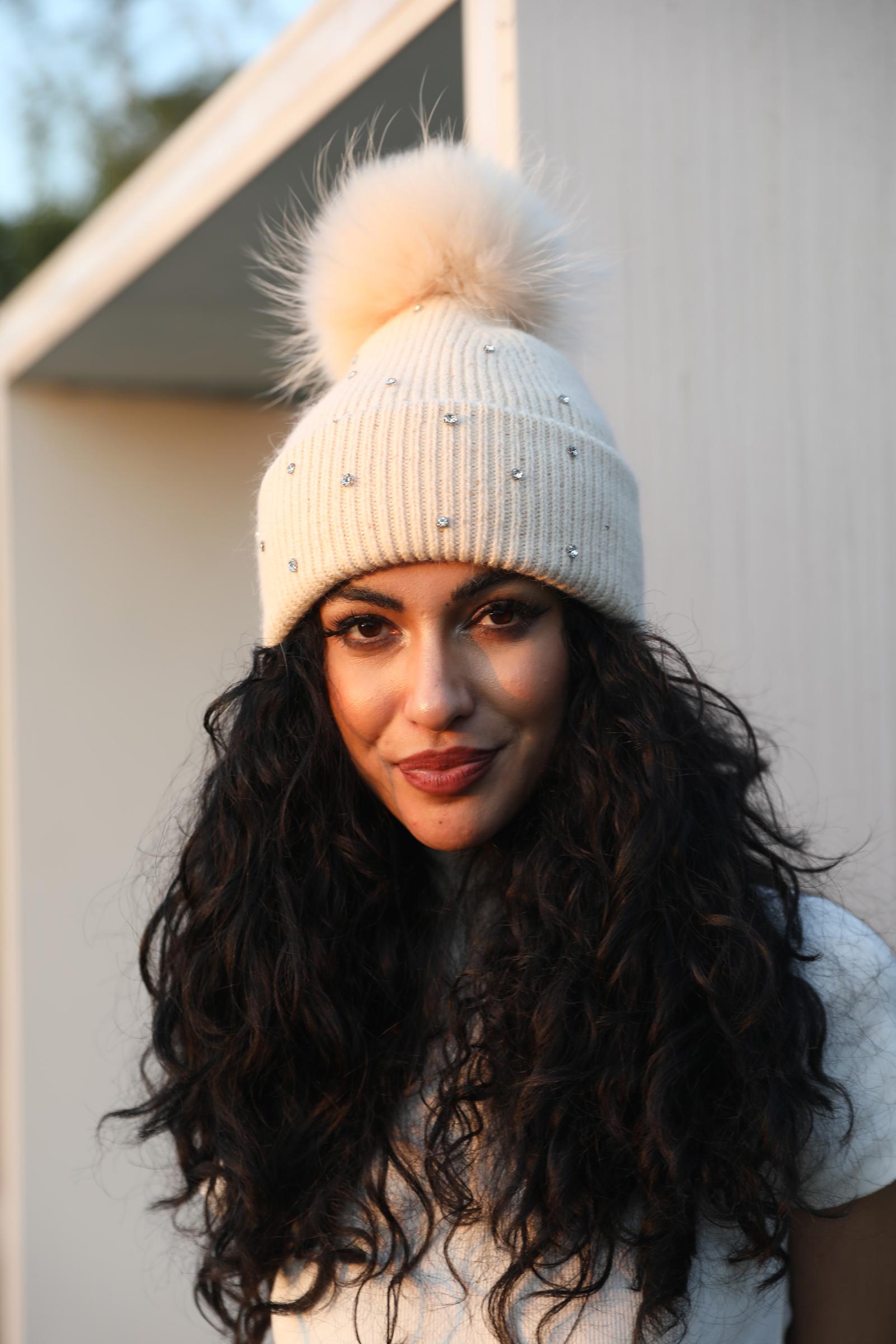 Women's Warm and Casual Rabbit Fur Hat with Sparkling Fur Pompoms - Janefur