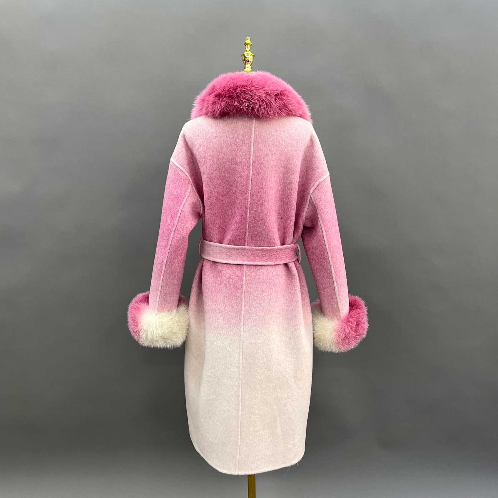 Janefur Trendy Gradient Color Real Fox Fur Collar Long Cashmere Coat for Women - Janefur