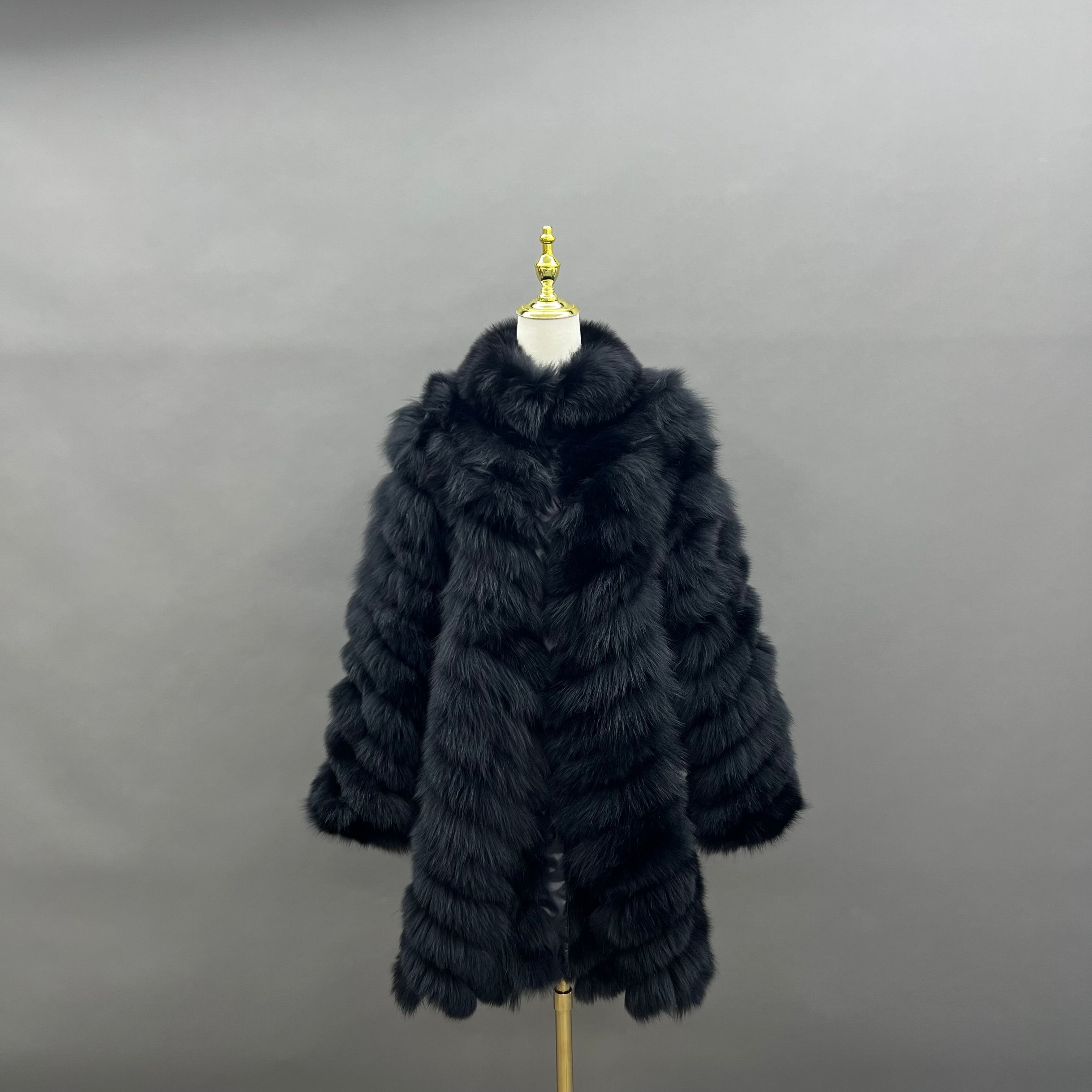 Reversible Long Jacket With Fox Fur And Diagonal Stripes 14#Black Click chat with us