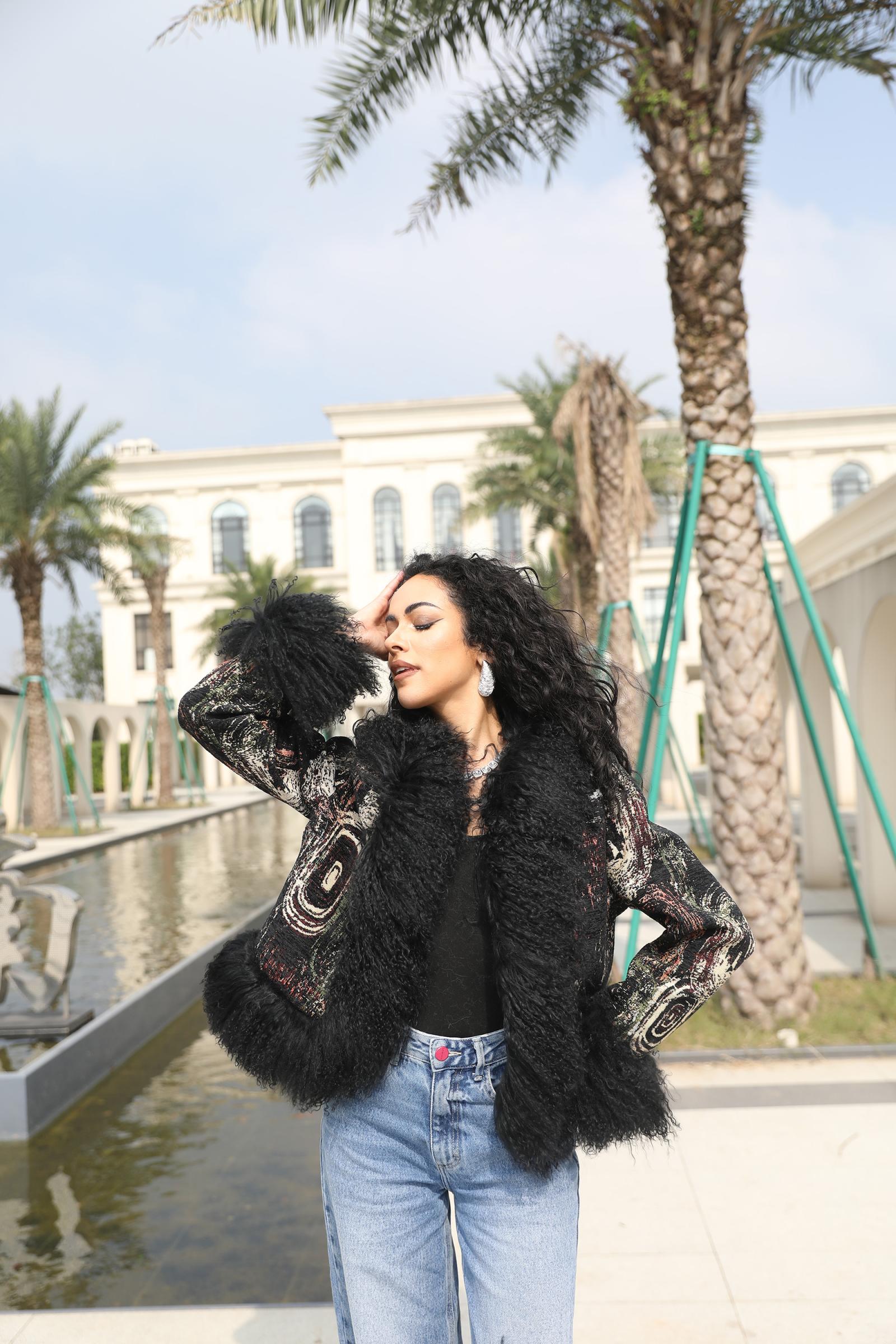 Stylish Mongolian Lamb Fur Women's Patchwork Fabric Outerwear Fur Jacket - Janefur