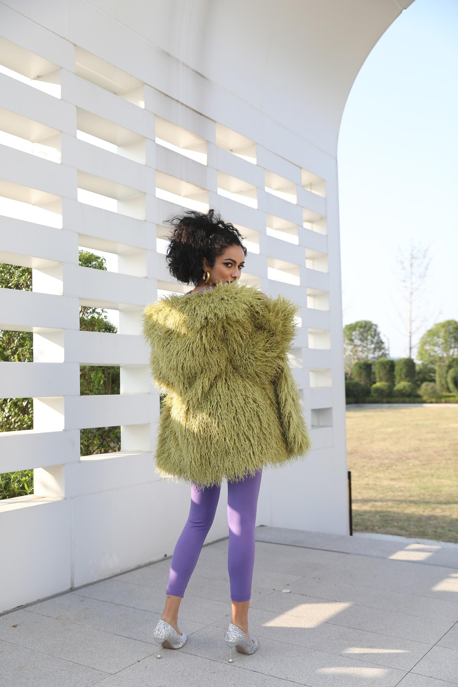 Eco-friendly Mongolian Lamb Wool Coat for Women Classic Fashion Mid-length Jacket Faucx Mongolian Lamb Wool Outer Jacket - Janefur