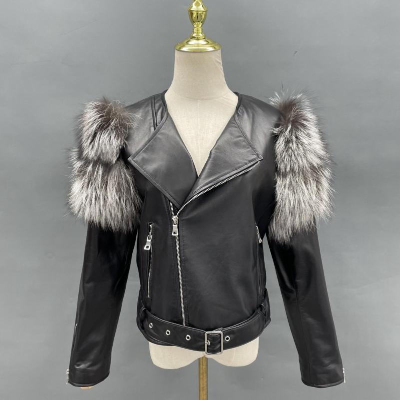 Fox Fur on Shoulders Leather Jacket - Janefur