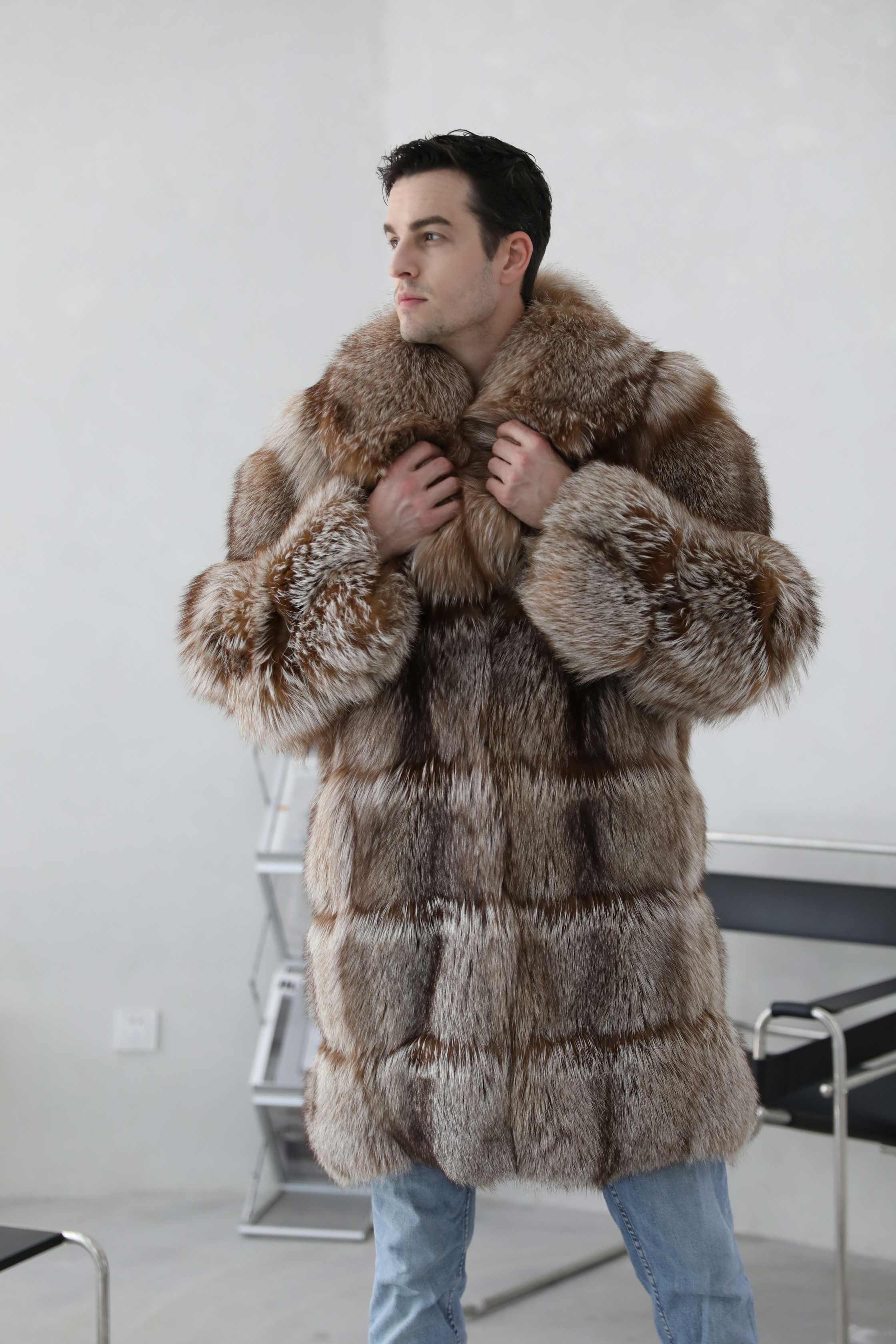 Long High-Quality Men's Winter Fur Coat Fashion Silver Fox Fur Coat - Janefur