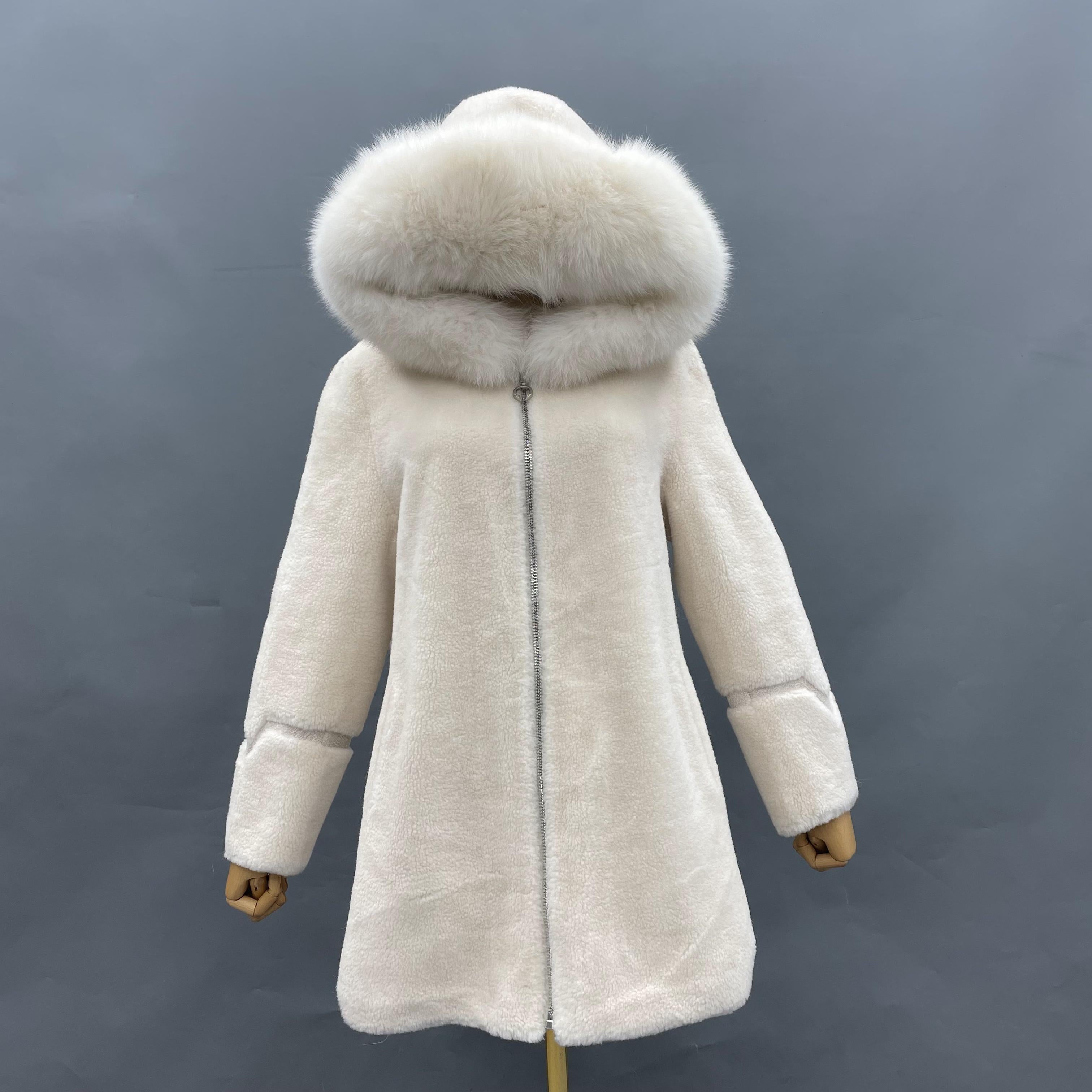 Creamy White Hooded Fox Fur Collar Shearling - Janefur