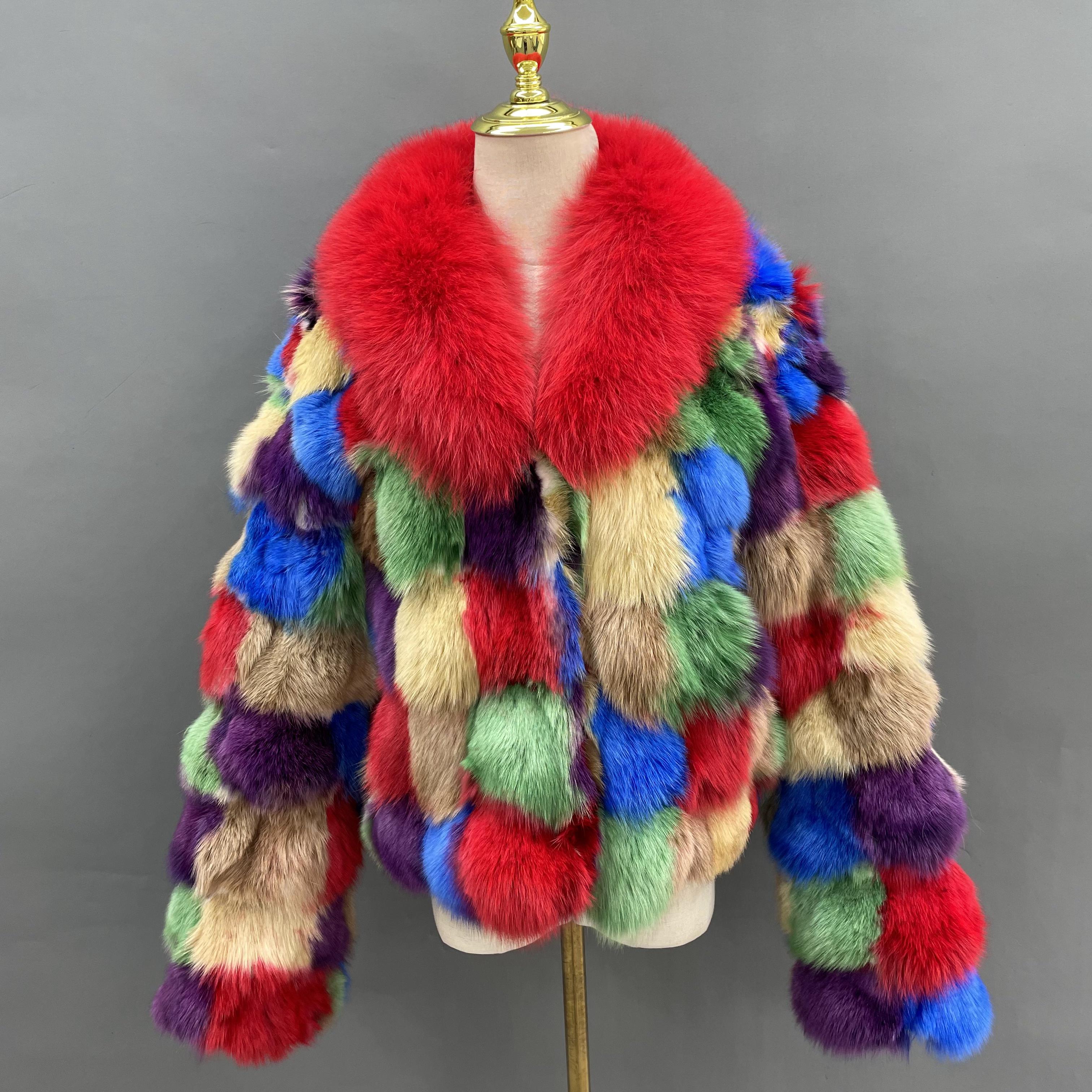 Plus Size Women's Short Stylish Lapel Real Fox Fur Luxury Jacket - Janefur