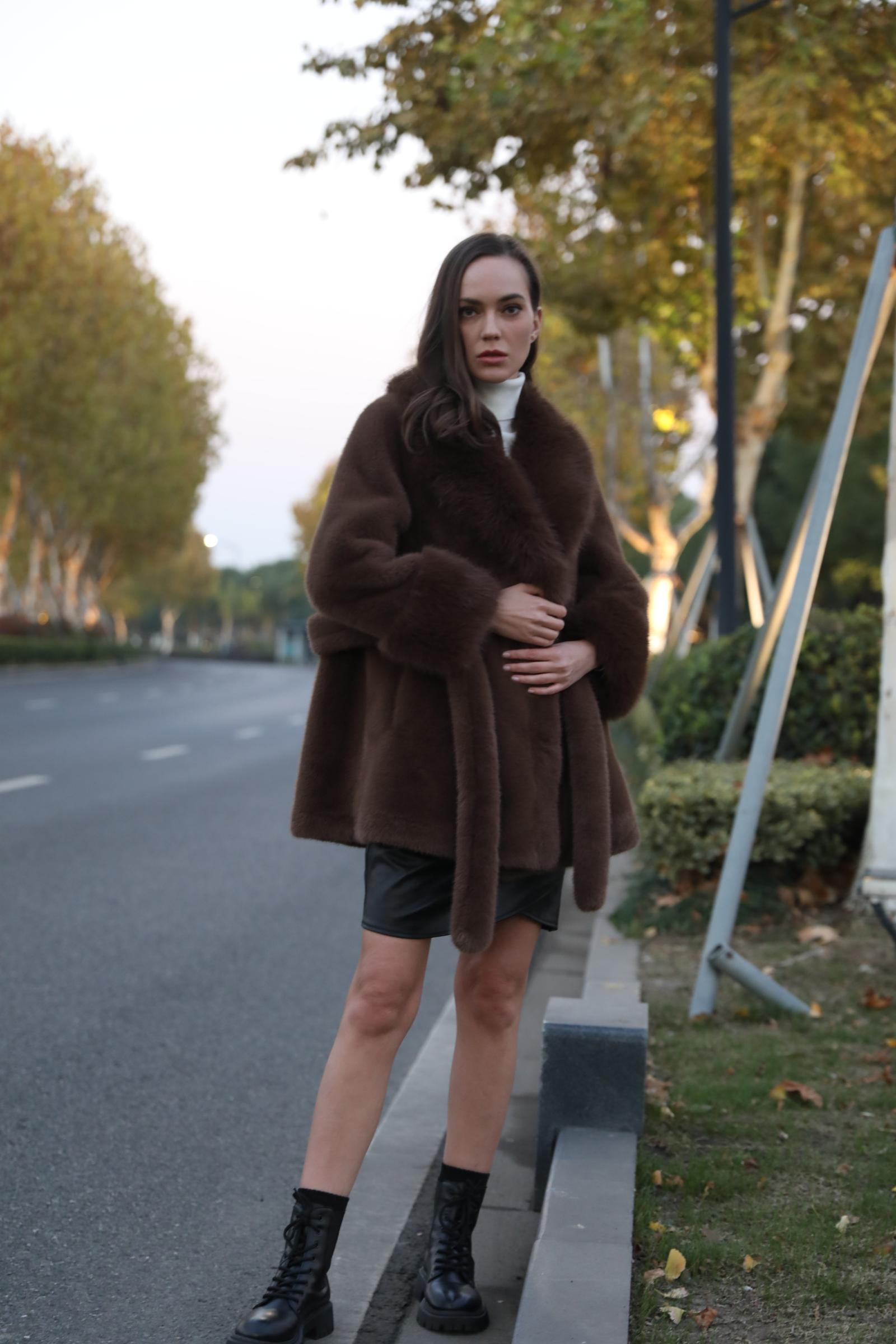 Women's New Brown Stylish Lapel Faux Fur Mink Coat - Janefur