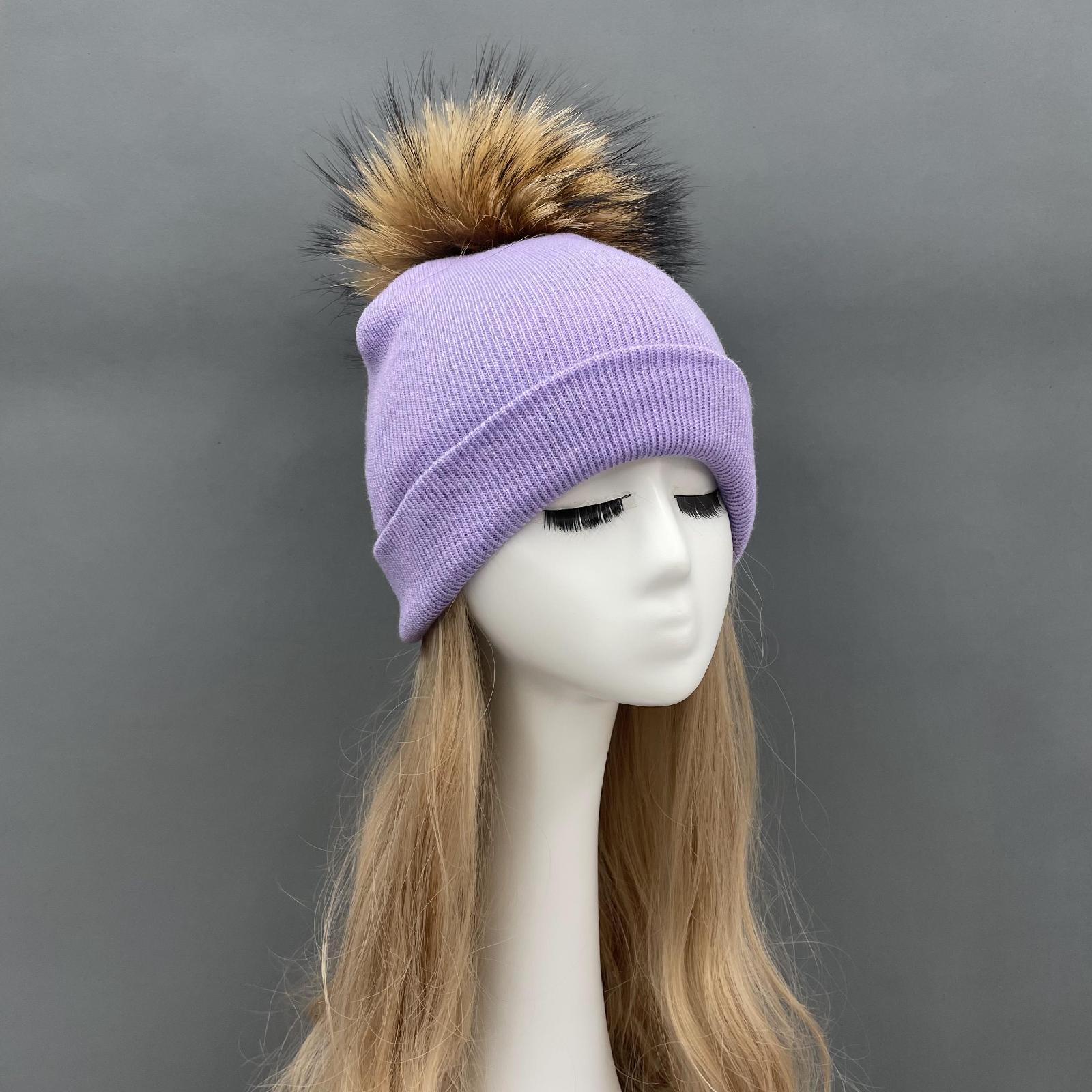 Solid Color Acrylic Knitted Hat with Single Fur Pom Pom Women's Knit Cap - Janefur