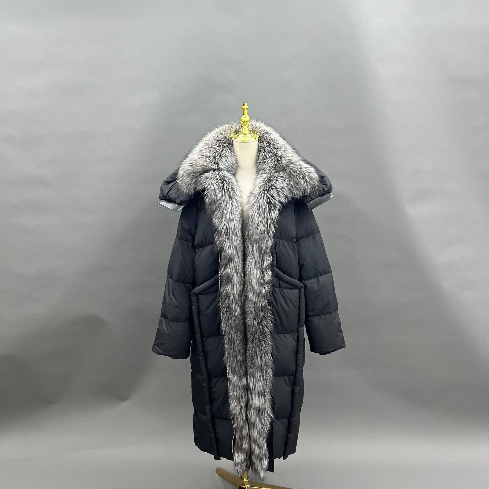 Goose Down-Insulated Knitted Cuff Collar Large Lapel Lightweight Warm Down Jacket Down Coat - Janefur