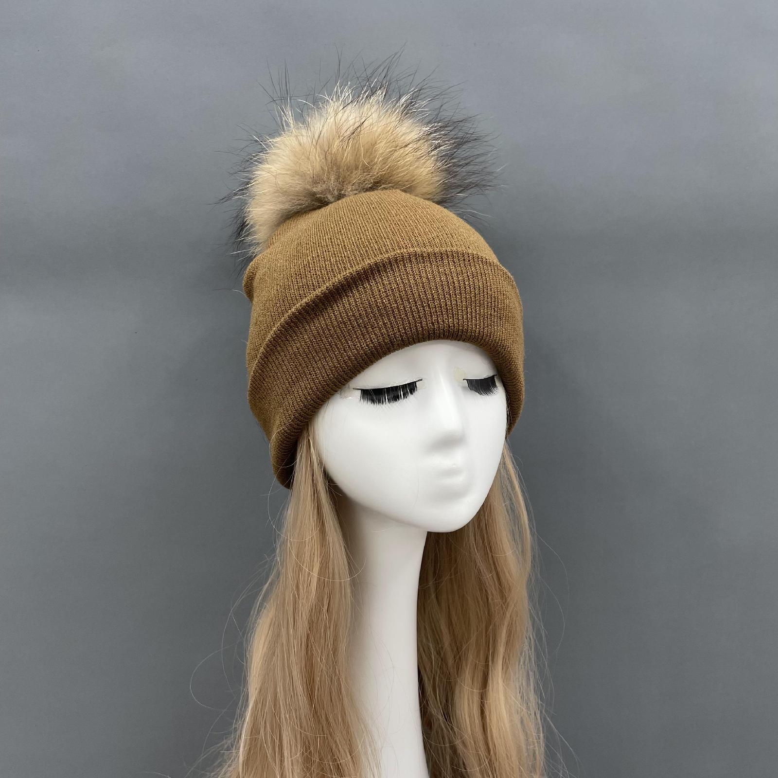 Solid Color Acrylic Knitted Hat with Single Fur Pom Pom Women's Knit Cap - Janefur